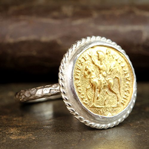 925 Sterling Silver Coin Ring for Women - 24K Gold Vermeil Handmade Designer Signet Pinky Ring | Two-Tone Hammered Turkish Jewelry | Perfect for Gifts, Weddings & Everyday Wear