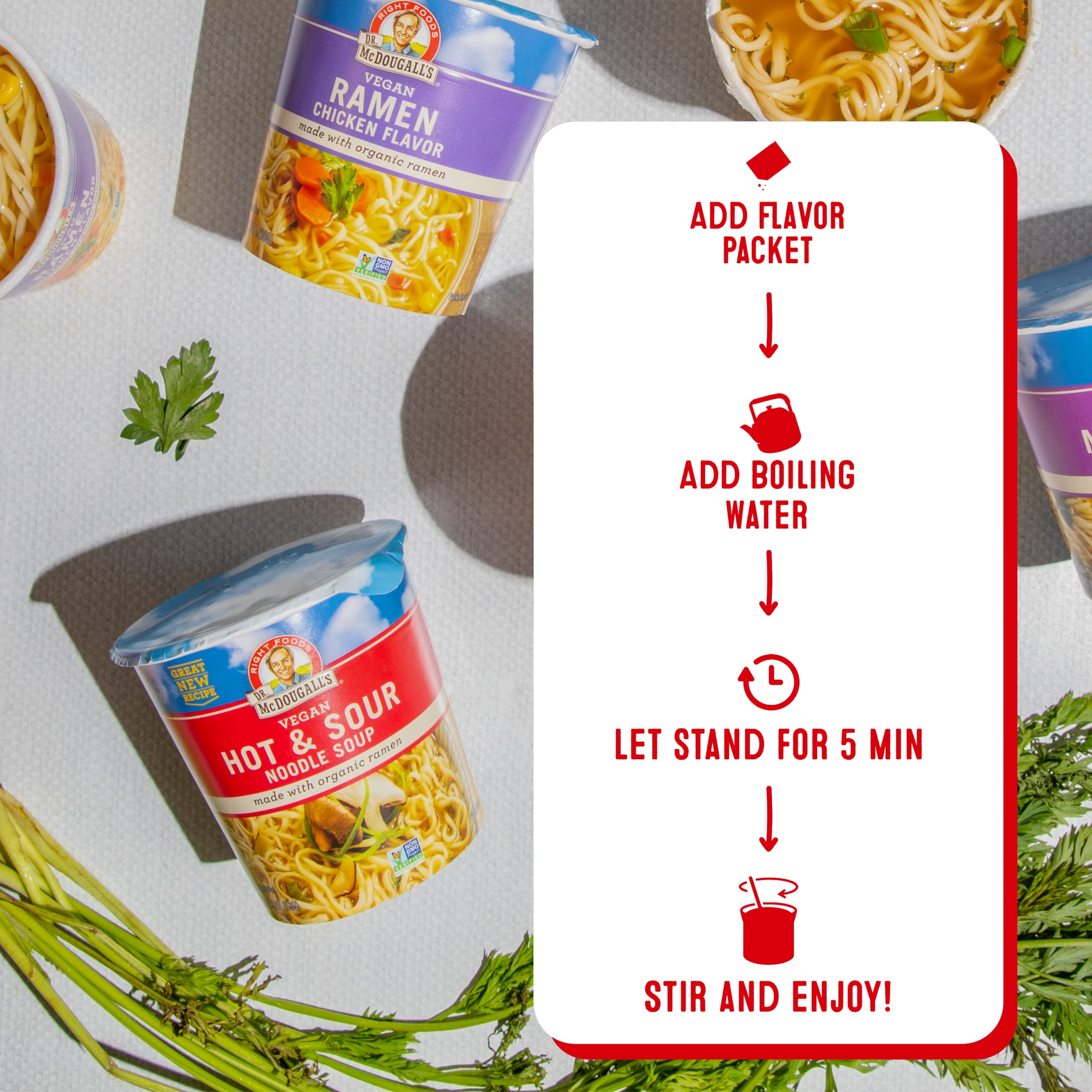 Dr. McDougall's Right Foods Vegan Hot and Sour Ramen Noodles - 12 Pack (1.9 oz Cups) | Instant Vegan Ramen for Quick Meals, Office Lunches & Emergency Food Supply