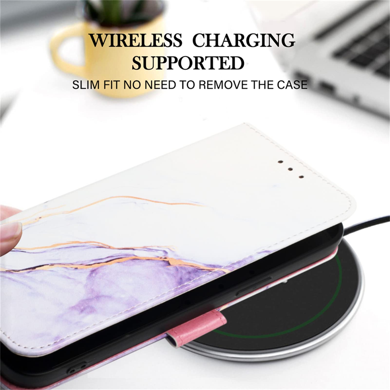 Premium Shockproof PU Leather Flip Case for iPhone 13 Mini - Marble White & Purple | Slim Protective Cover with Card Slot | Perfect for Work, Travel & Everyday Use