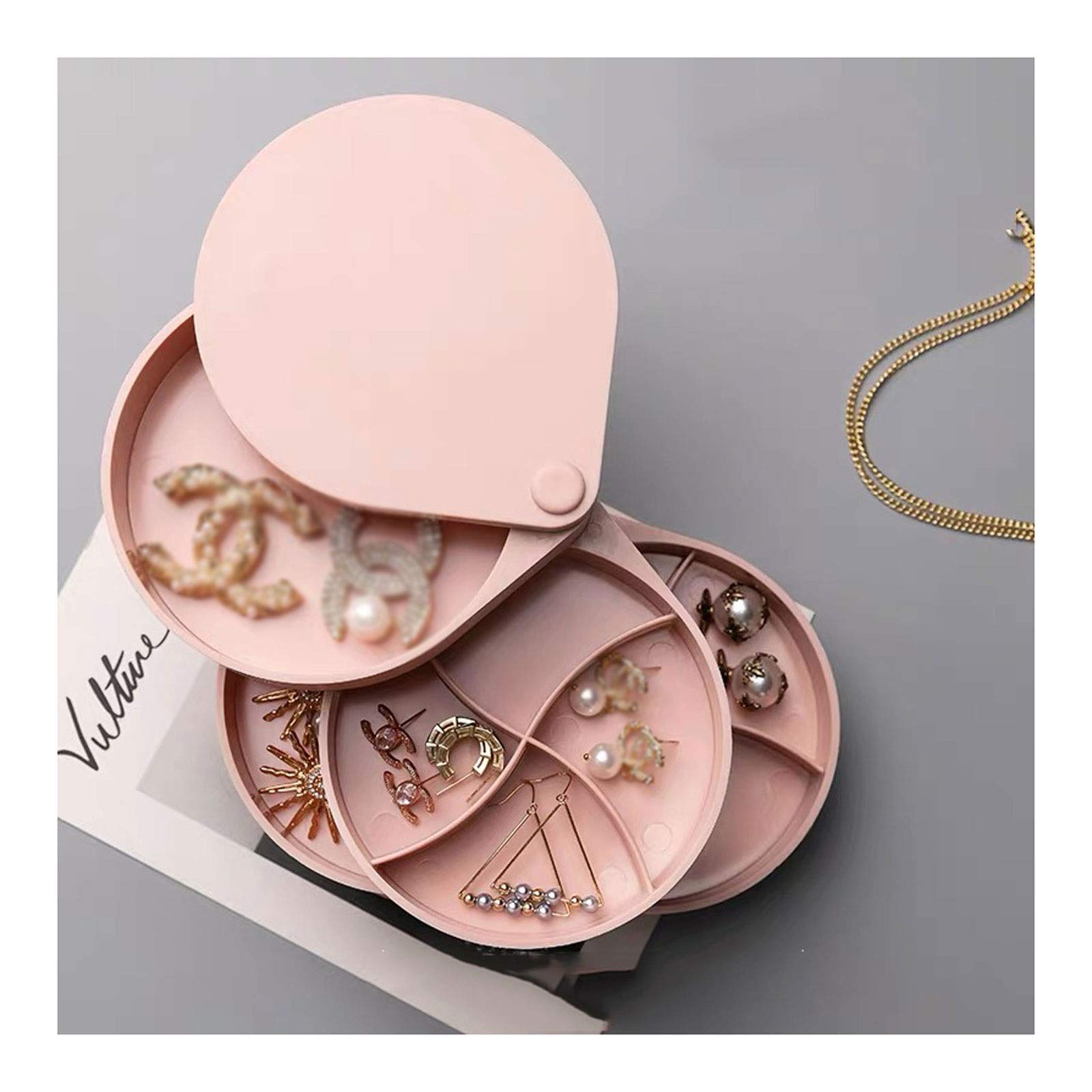 4-Layer Rotating Jewelry Organizer Box with Lid - Pink Travel Jewelry Storage Case for Earrings, Rings, Bracelets & Accessories | Perfect for Women's Jewelry Organization at Home & On The Go