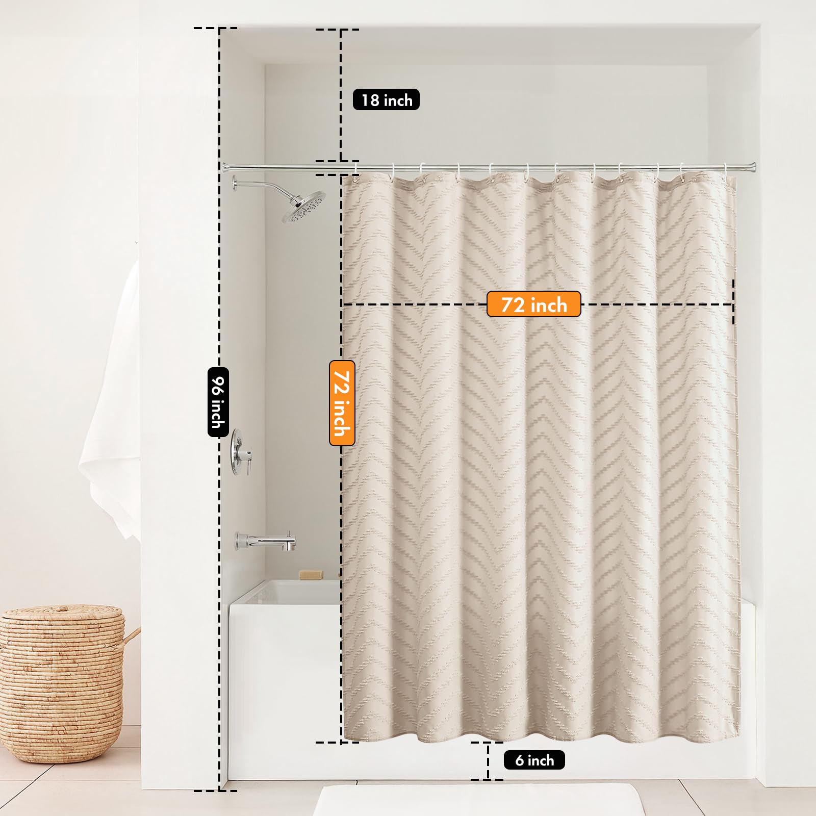 Beige Boho Shower Curtain 72x72 - Modern Farmhouse Bathroom Decor with Bohemian Chic Tufted Chevron Texture & Minimalist Striped Design - Woven Fabric Shower Curtain for Spa, Guest Bath & Master Bathroom