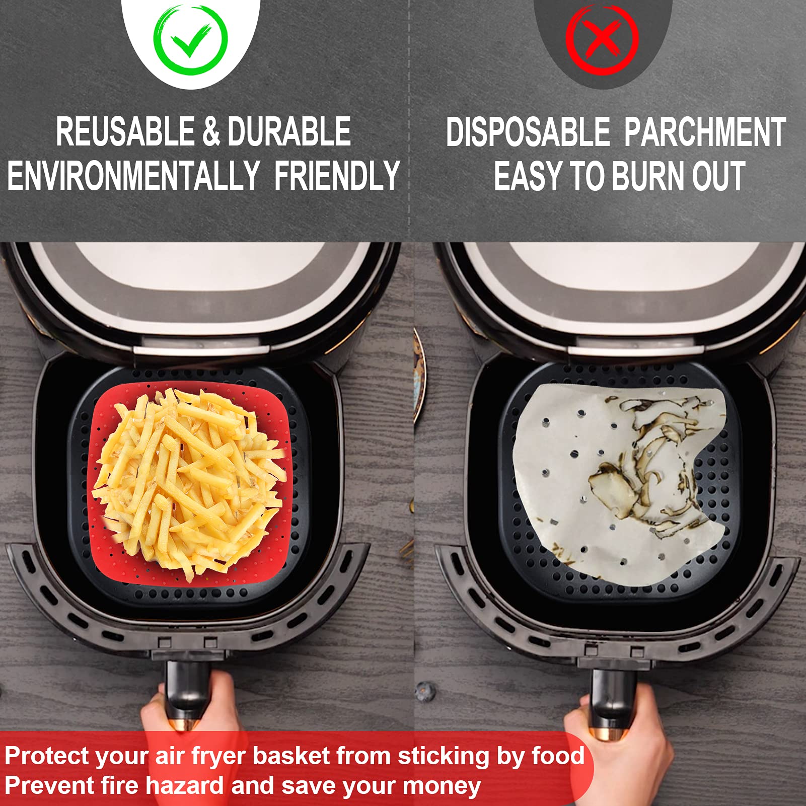 Upgrade Reusable Air Fryer Liners with Raised Silicone - BPA Free Non-Stick Silicone Air Fryer Mats - 2 Size Options (9 Inch Square) - Perfect for Air Fryer Cooking, Baking, and Roasting - Easy Clean & Durable Accessories