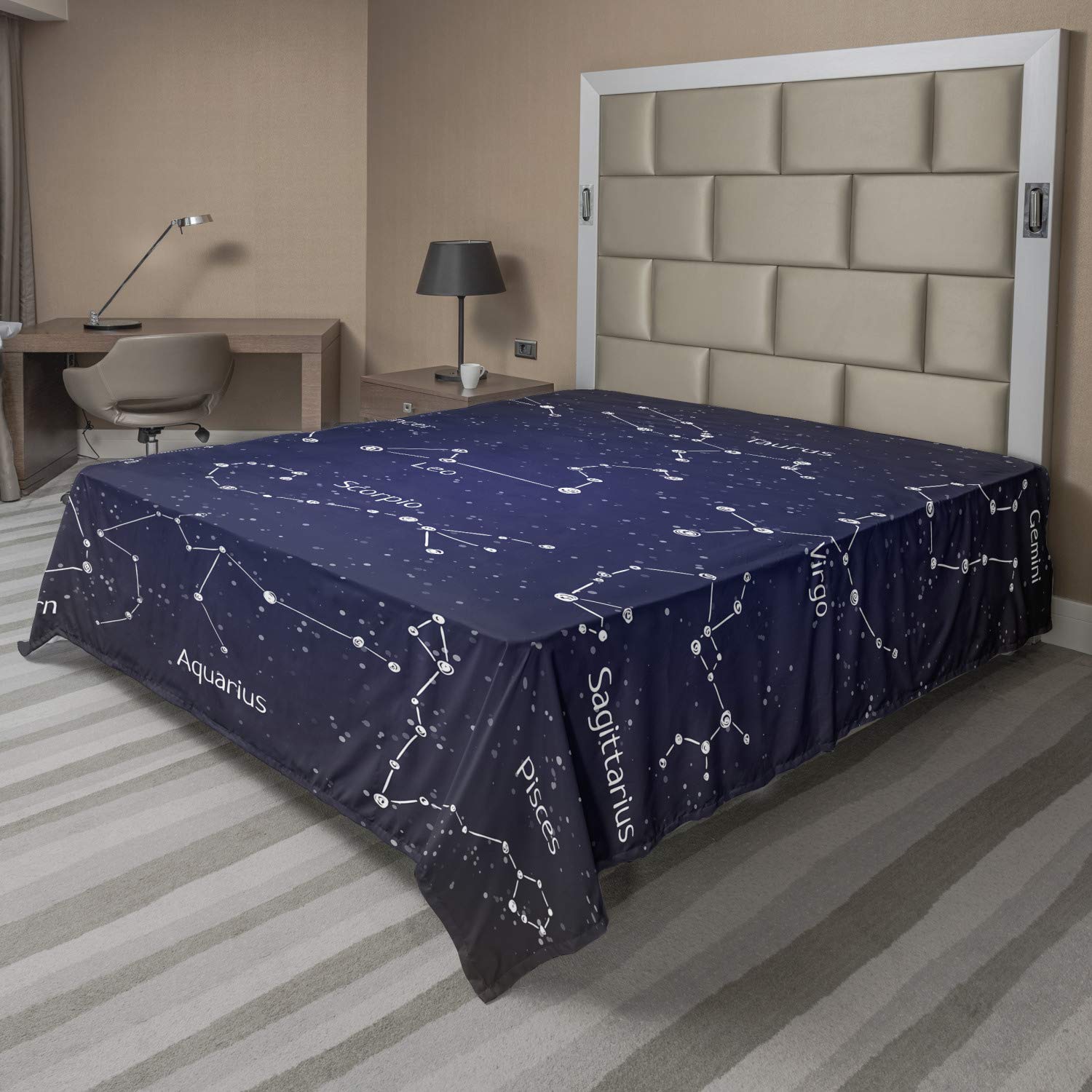 Ambesonne Constellation Queen Size Flat Sheet - Doodle Chalk Style Zodiac Stars & Sign Names, Soft Decorative Bedding (Dark Blue/White) | Perfect for Astronomy Lovers' Bedrooms, Dorm Rooms & Cozy Home Decor