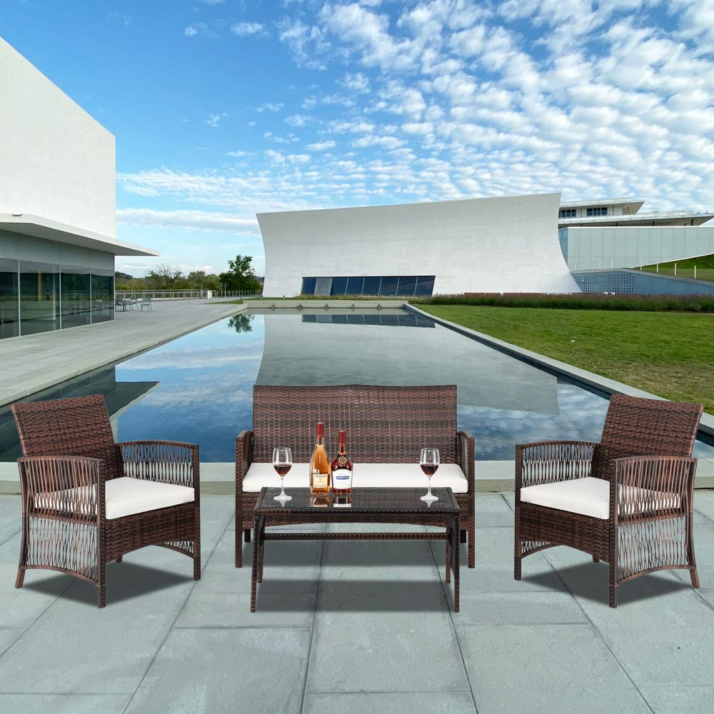 4-Piece Patio Furniture Set, Outdoor Rattan Sofa Set with Coffee Table & Soft Cushions, All-Weather Wicker Sectional with Tempered Glass Table for Poolside, Garden, Balcony or Backyard (Brown) - Perfect for Relaxing, Entertaining & Outdoor Dining
