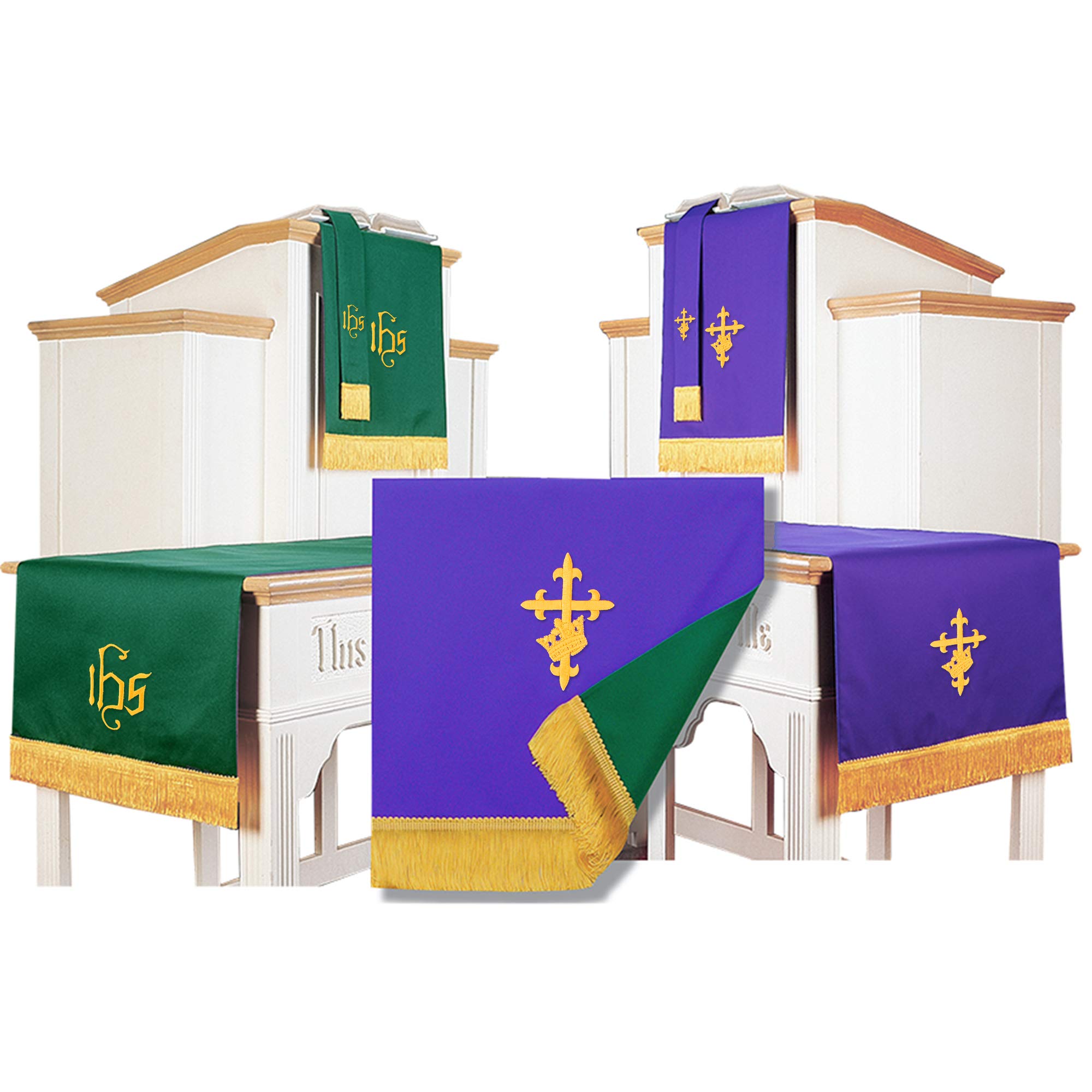 GraduatePro Reversible Parament Set of 3 - Light Green & Purple Embroidered Cross IHS for Church Altar Decor, Pulpit & Lectern Cover, Christian Worship Supplies