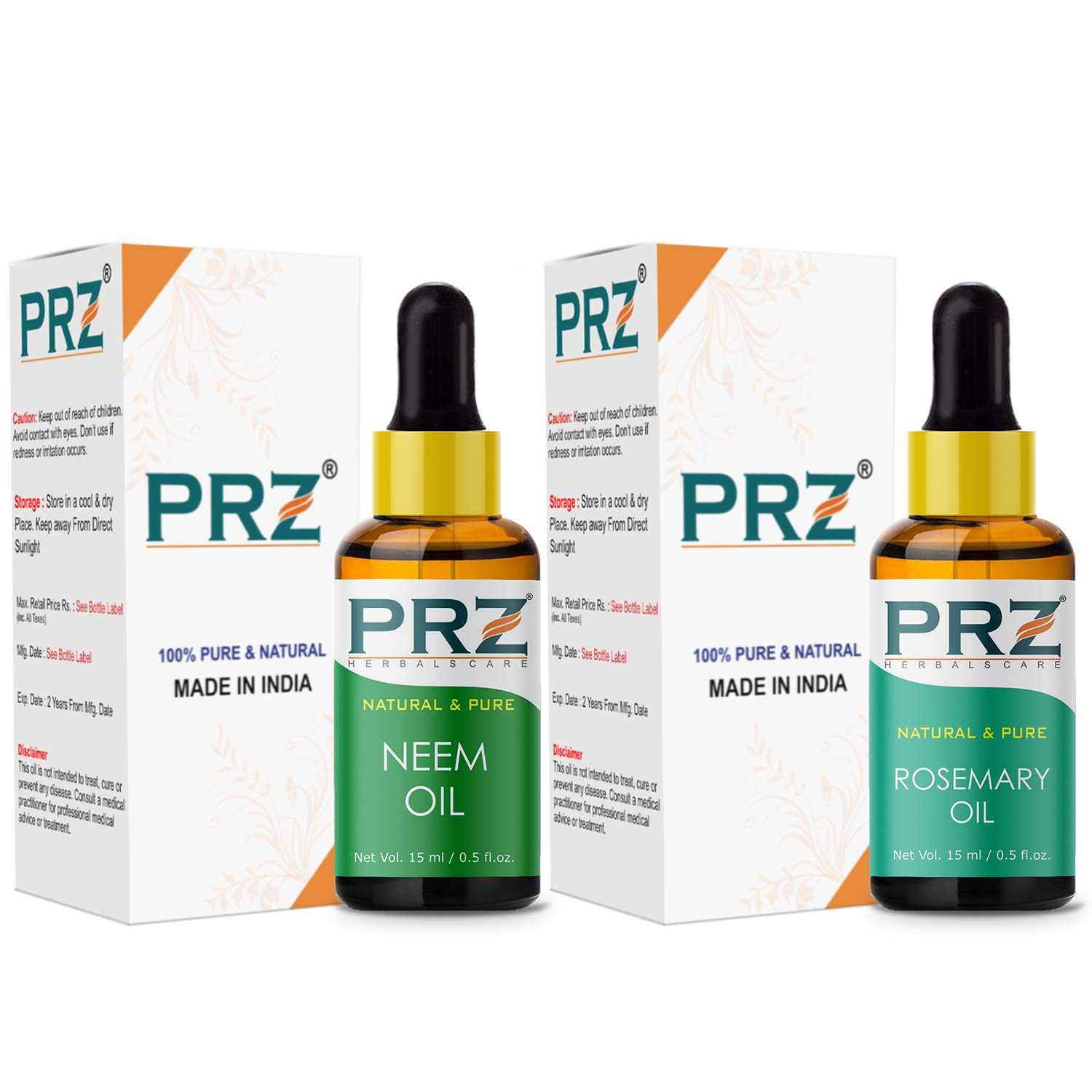 PRZ Cold Pressed Neem Oil & Rosemary Essential Oil Combo - 100% Pure Natural Therapeutic Grade for Aromatherapy, Body Massage, Skin Care & Hair Growth (15ML Each) - Perfect for DIY Beauty Products, Relaxation & Holistic Wellness