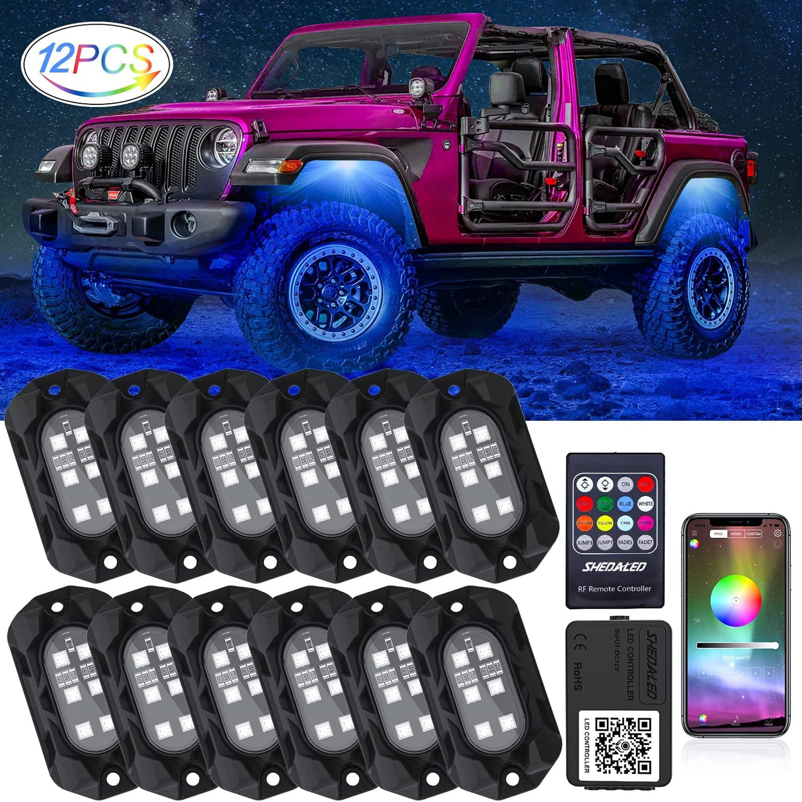 12PCS RGB Rock Lights for Trucks - App & Remote Controlled IP68 Waterproof LED Underglow Car Lights with Music Sync | High Brightness Multi-Color Neon Lighting Kit for Pickup Trucks, Off-Road SUVs, ATVs & UTVs | Perfect for Night Driving, Car Shows & Off-Road Adventures