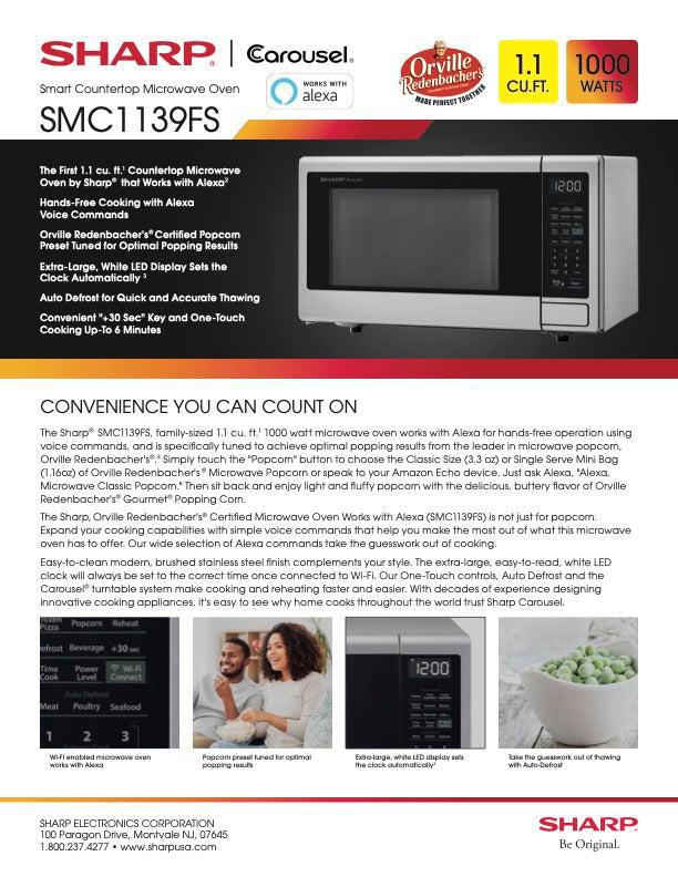 Sharp SMC1139FS 1.1 cu ft Stainless Steel Countertop Microwave with Alexa Voice Control - Perfect for Small Kitchens, Dorms & Office Break Rooms