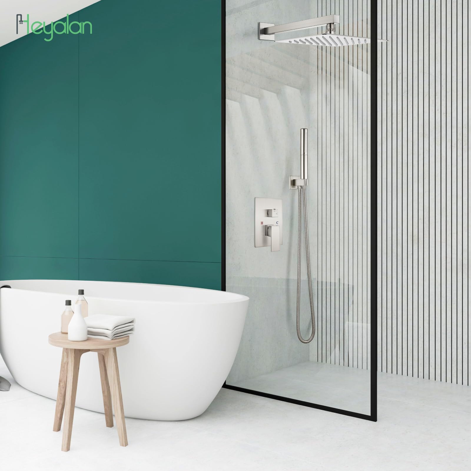 Premium 12 Inch Square Rain Shower System - 2 in 1 Wall Mount Shower Head with Handheld Sprayer, High Pressure Rainfall Shower Faucet Set in Brushed Nickel - Perfect for Modern Bathroom Renovation & Spa-Like Shower Experience