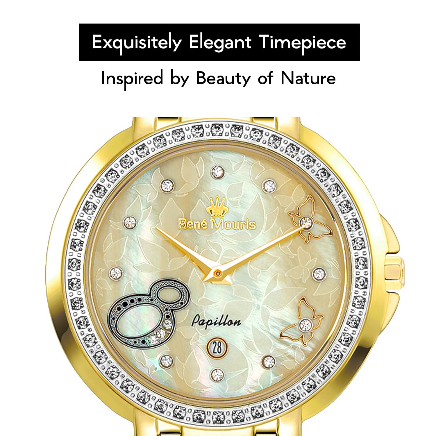 René Mouris Papillon Women's Luxury Watch - 36mm 316L Stainless Steel Case, Sapphire Coated Crystal, 50M Waterproof - Elegant Dress Watch for Business, Parties & Special Occasions