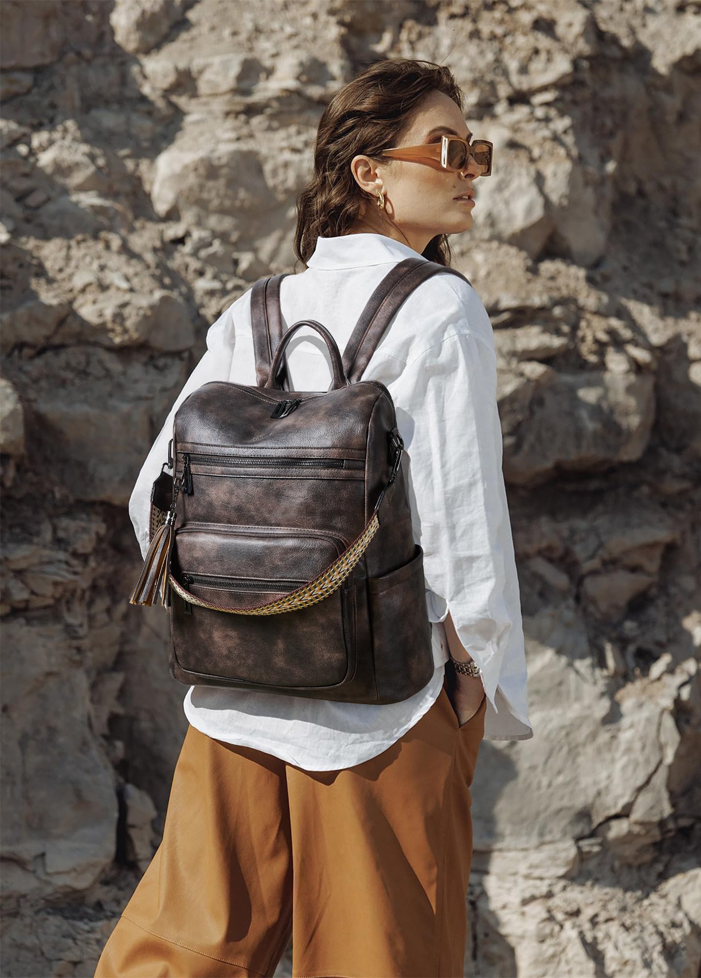 Shrrie 15.6 Inch Leather Laptop Backpack for Women - Large Water Resistant Travel Backpack Purse, Stylish Two-Toned Coffee Design for College, Work, and Everyday Use
