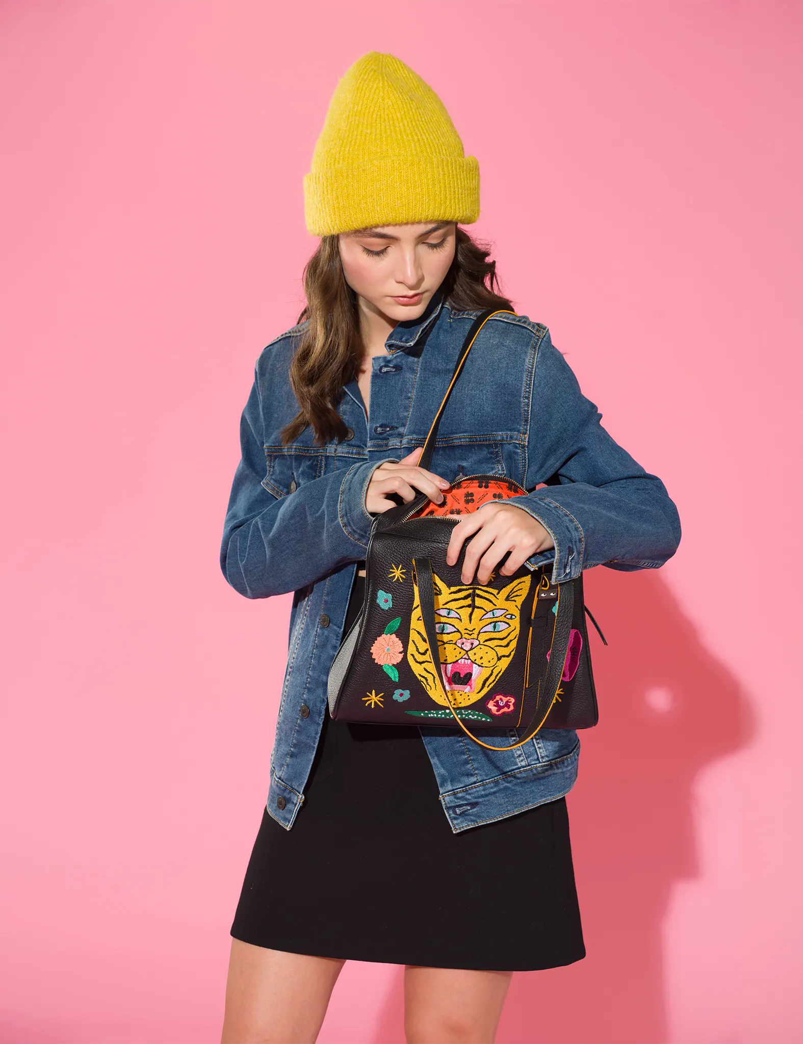 Elegant Esther Black Satchel Bag with Tiger and Flowers Embroidery - Perfect for Women's Fashion, Work, Travel & Everyday Use