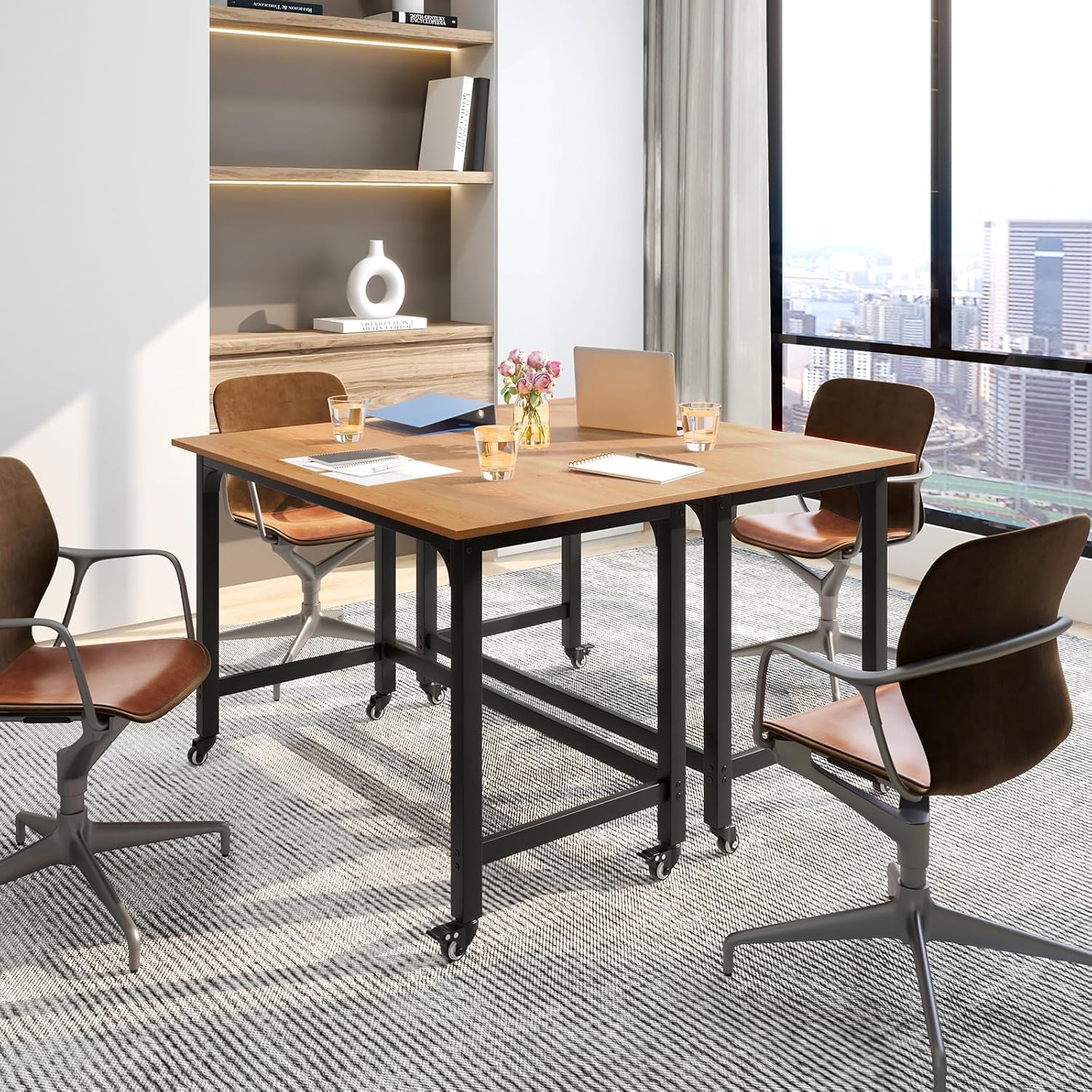 GRAFFY Mobile Computer Writing Desk with Wheels - Adjustable Rolling Home Office Desk, Sturdy Steel Frame & Smooth Casters, Multipurpose Workstation for Small Spaces (Home, Office, Dorm) - Natural Wood Finish