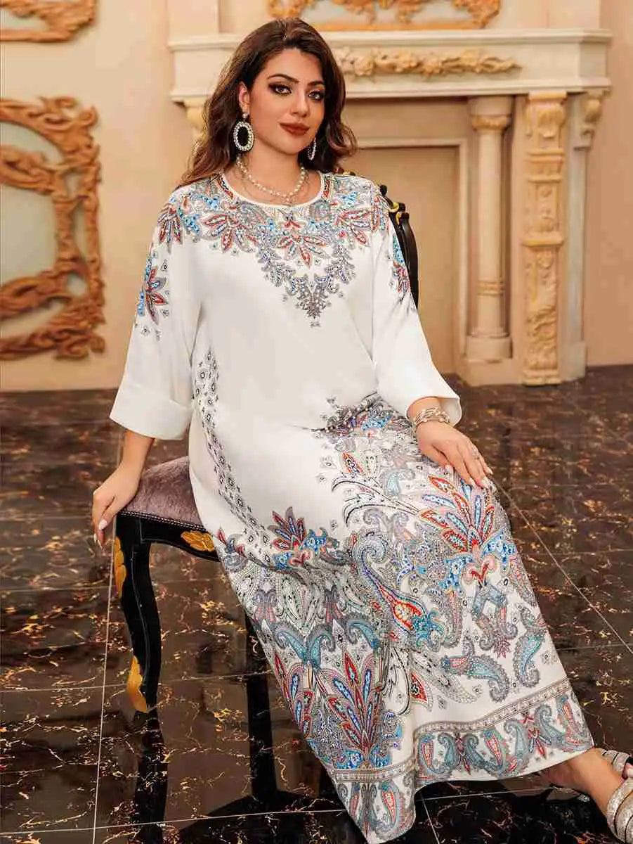 Elegant Hotfix Rhinestone Printed Caftan Kaftan Dress for Women - Perfect for Eid Celebrations, Weddings & Special Occasions