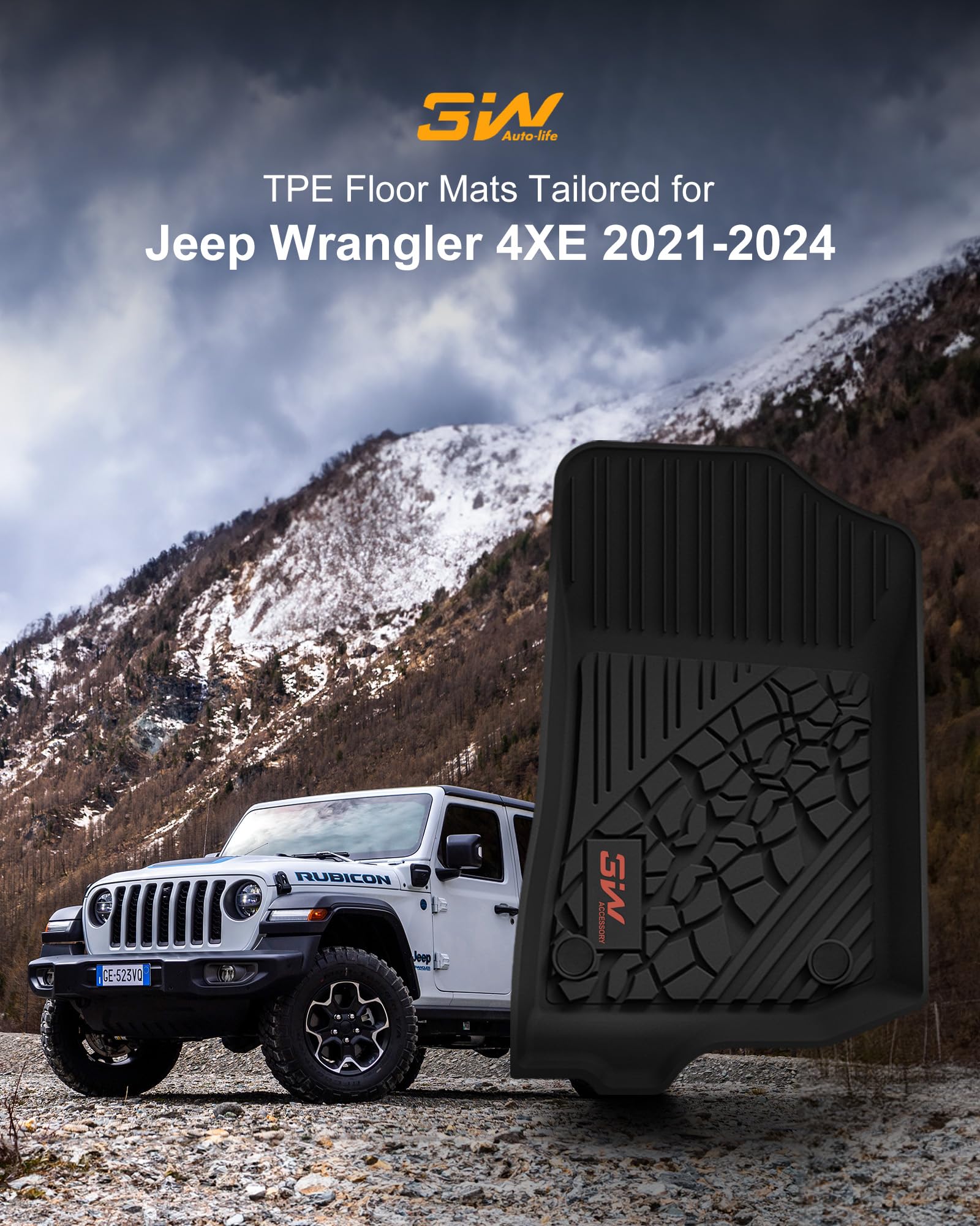 3W All-Weather TPE Floor Mats for Jeep Wrangler 4XE 2021-2025 Hybrid 4 Door (Non JL/JK) - Black Car Floor Liners with Red Logo, Full Set for 1st & 2nd Row | Perfect for Off-Roading, Camping & Daily Driving