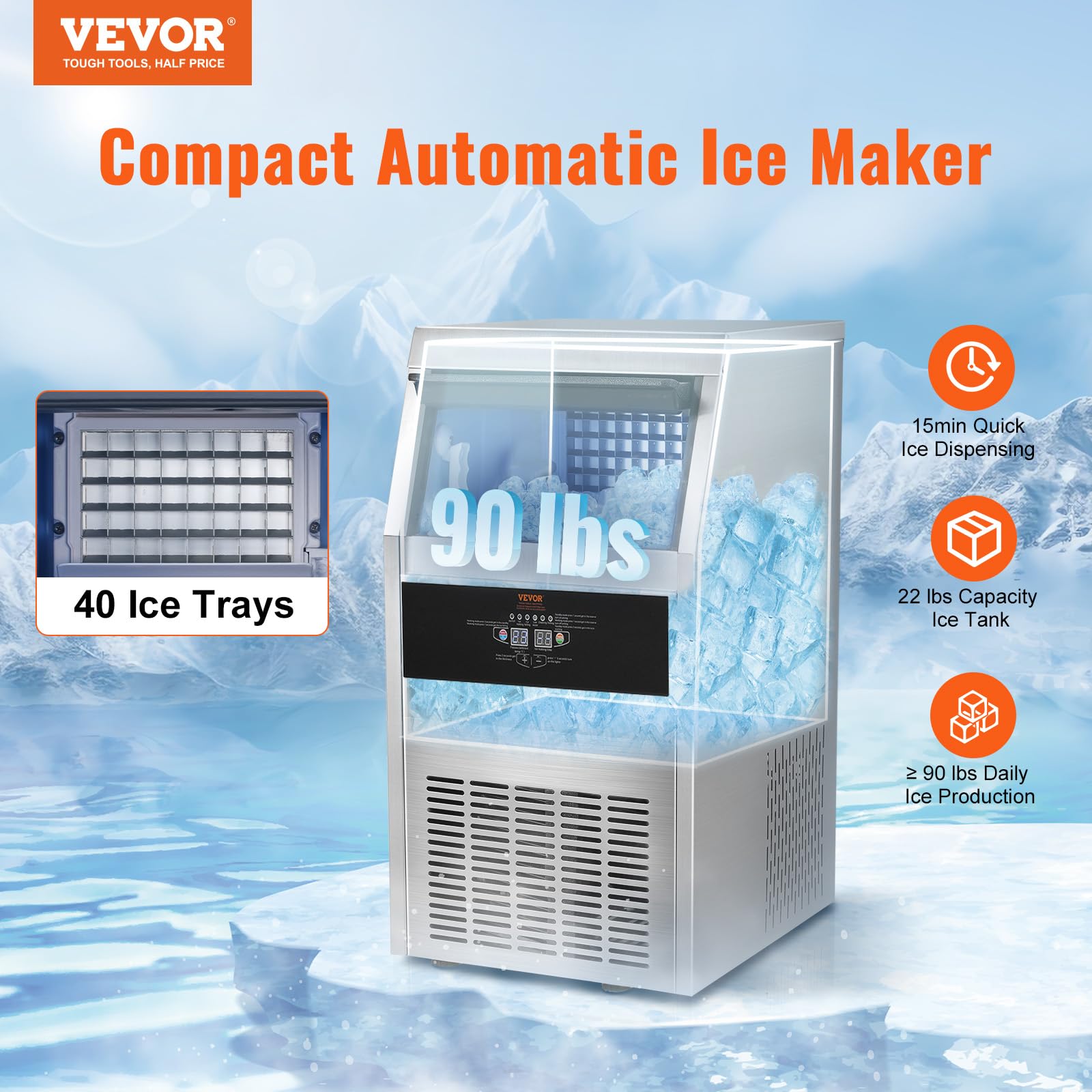 VEVOR Commercial Ice Maker Machine 90LBS/24H with 22LBS Storage - Fast 12-15 Minute Ice Production - Perfect for Bars, Home, Office & Restaurants - Countertop Ice Machine for Cocktails, Beverages & Food Display