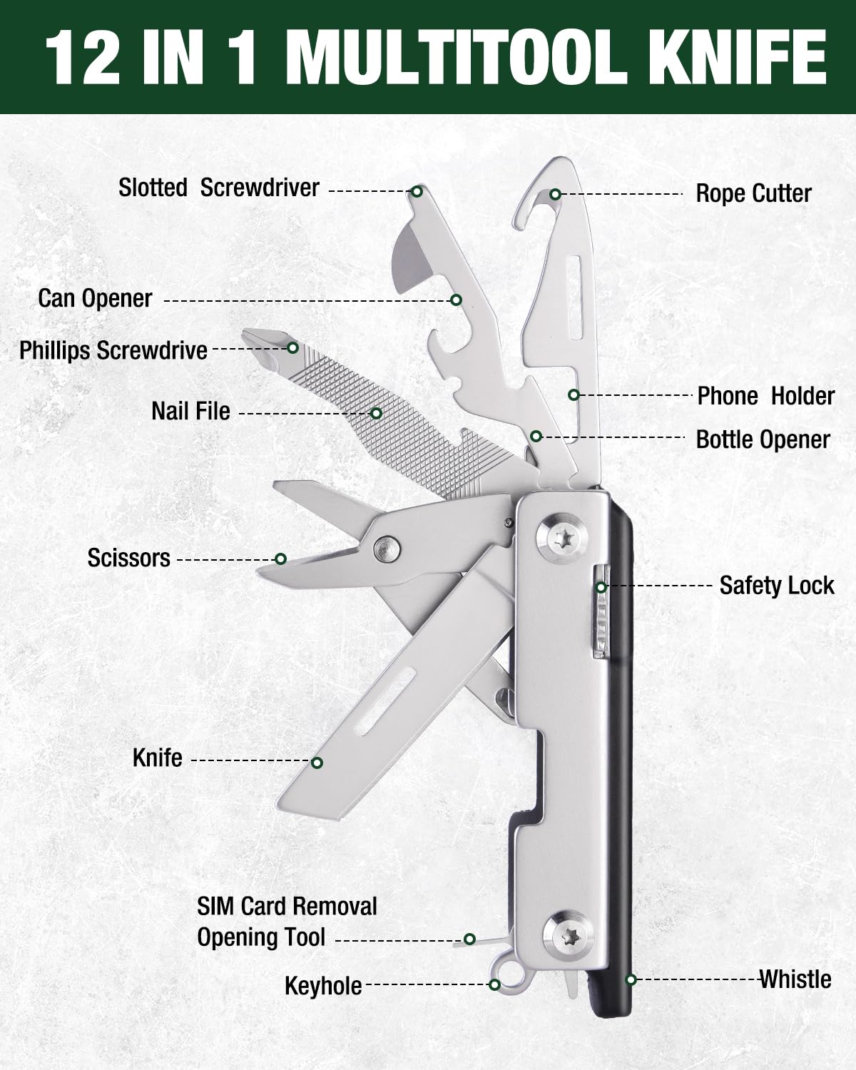 Mossy Oak 12-in-1 EDC Keychain Multitool with Knife, Scissors, Screwdrivers & Bottle Openers - Compact Survival Gear for Outdoor Camping, Hiking, Emergency Repair | Perfect Gift for Men & Adventurers
