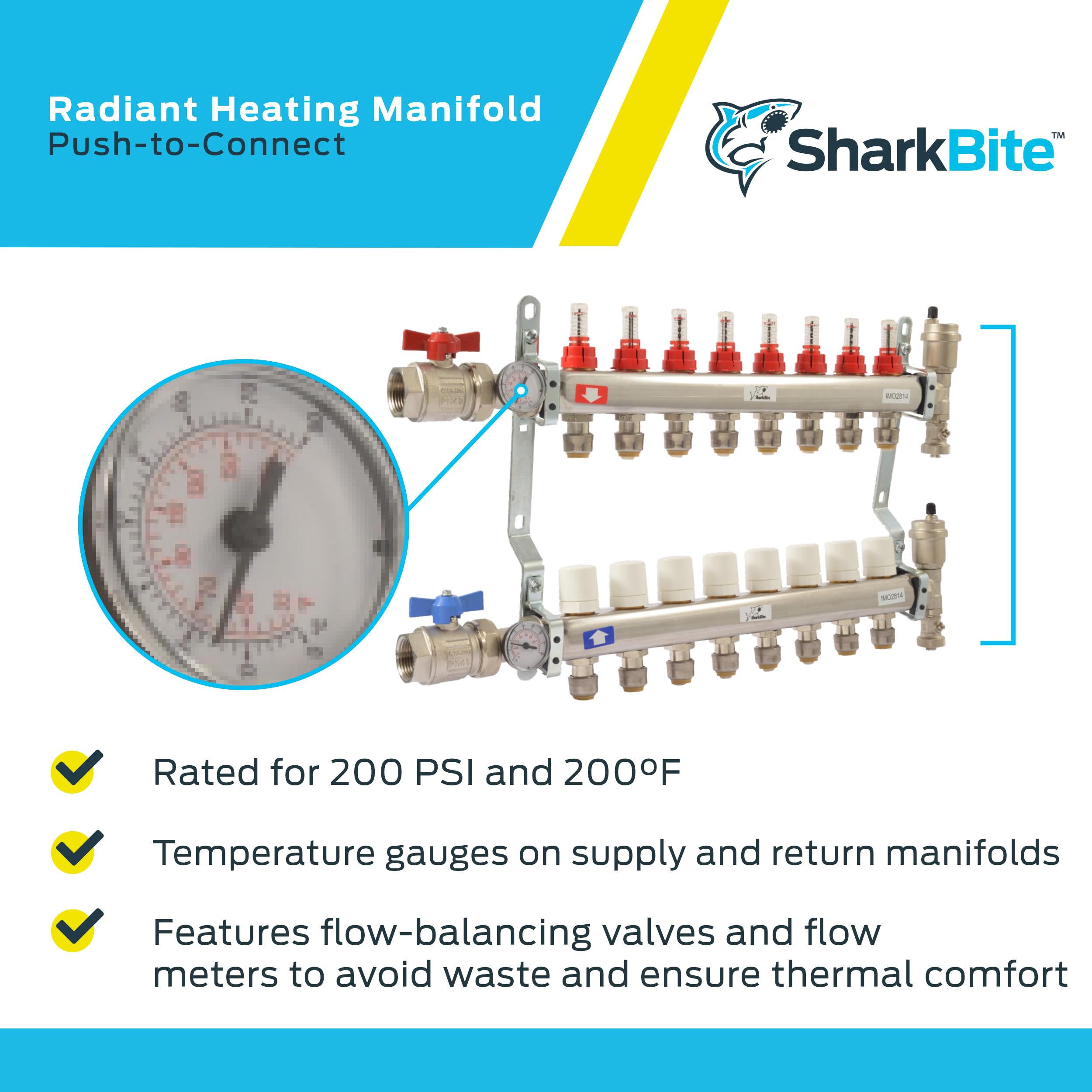SharkBite 8 Loop Radiant Heating Manifold - Push to Connect Brass Plumbing Fitting for PEX Pipe & PE-RT (Model 24935) - Perfect for Hydronic Heating Systems & Underfloor Heating Installations