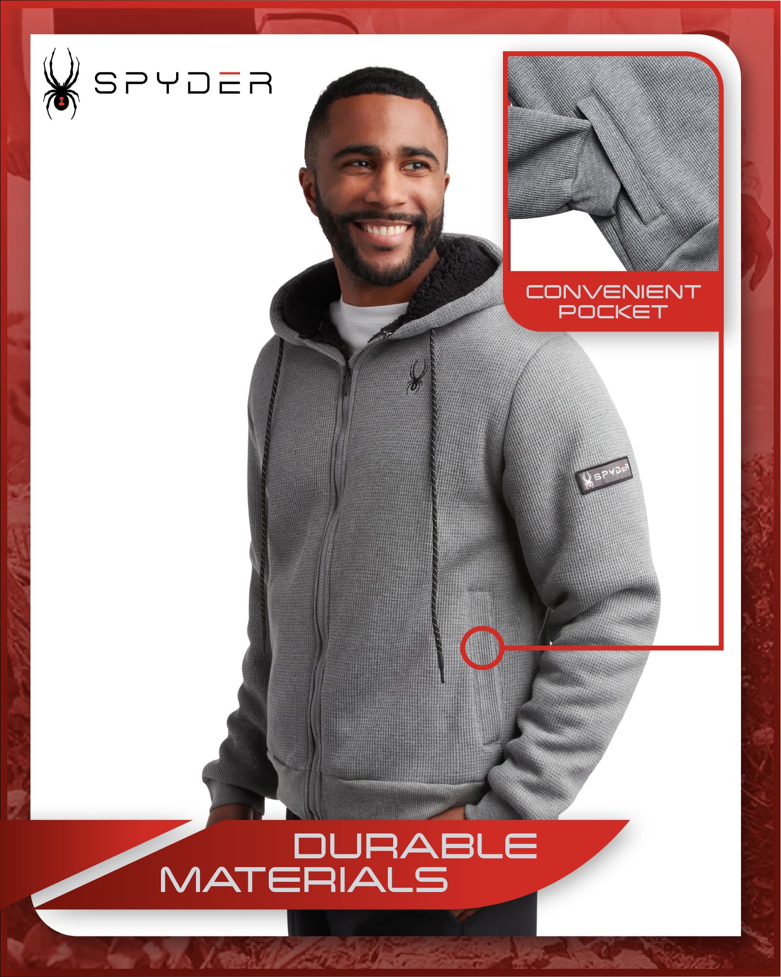 Spyder Men's Lightweight Full Zip Sherpa Lined Waffle Knit Hoodie Jacket - Cozy Fleece Lining, Comfortable Pullover (Sizes S-XXL) for Outdoor Activities, Casual Wear & Winter Layering