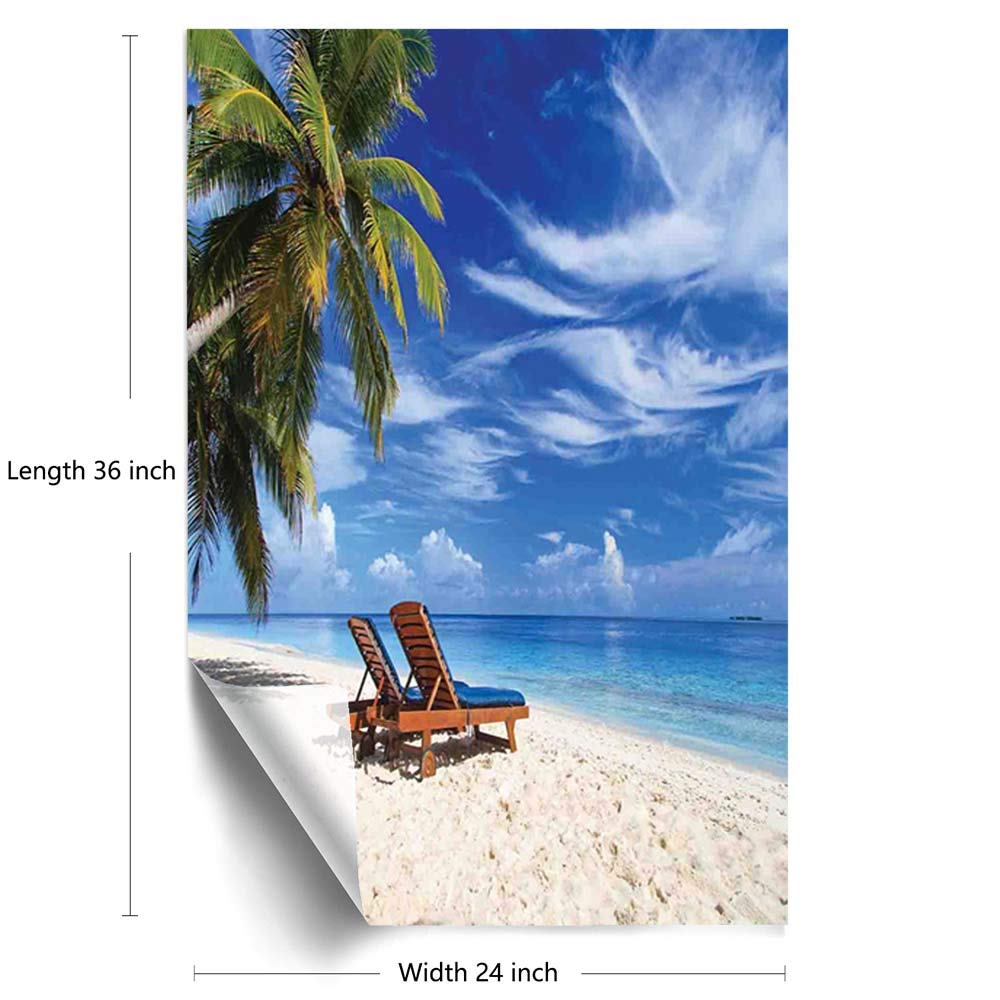 Frosted Glass Window Film - Tropical Beach Scene with Palm Trees & Chairs - 24x36 Inch Static Cling Privacy Film for Home & Office (Ivory, Blue, Green) - Perfect for Bathroom, Bedroom, and Office Windows