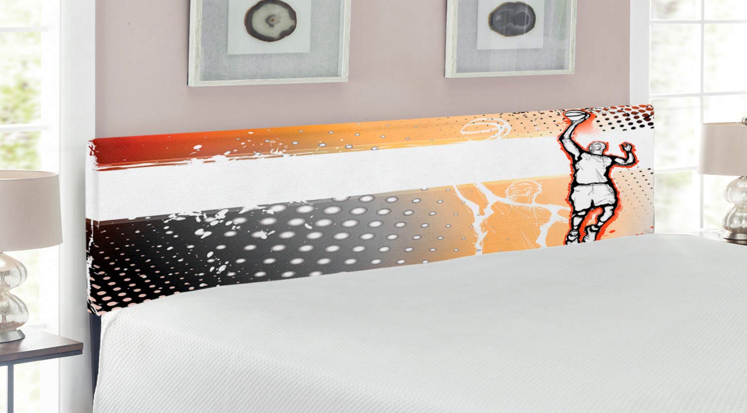 Ambesonne King Size Basketball Headboard - Upholstered Metal Bed Frame with Memory Foam, Dotted Doodle Art Design Featuring Basketball Player in Action - Orange & Black - Perfect for Sports Themed Bedrooms & Game Room Decor