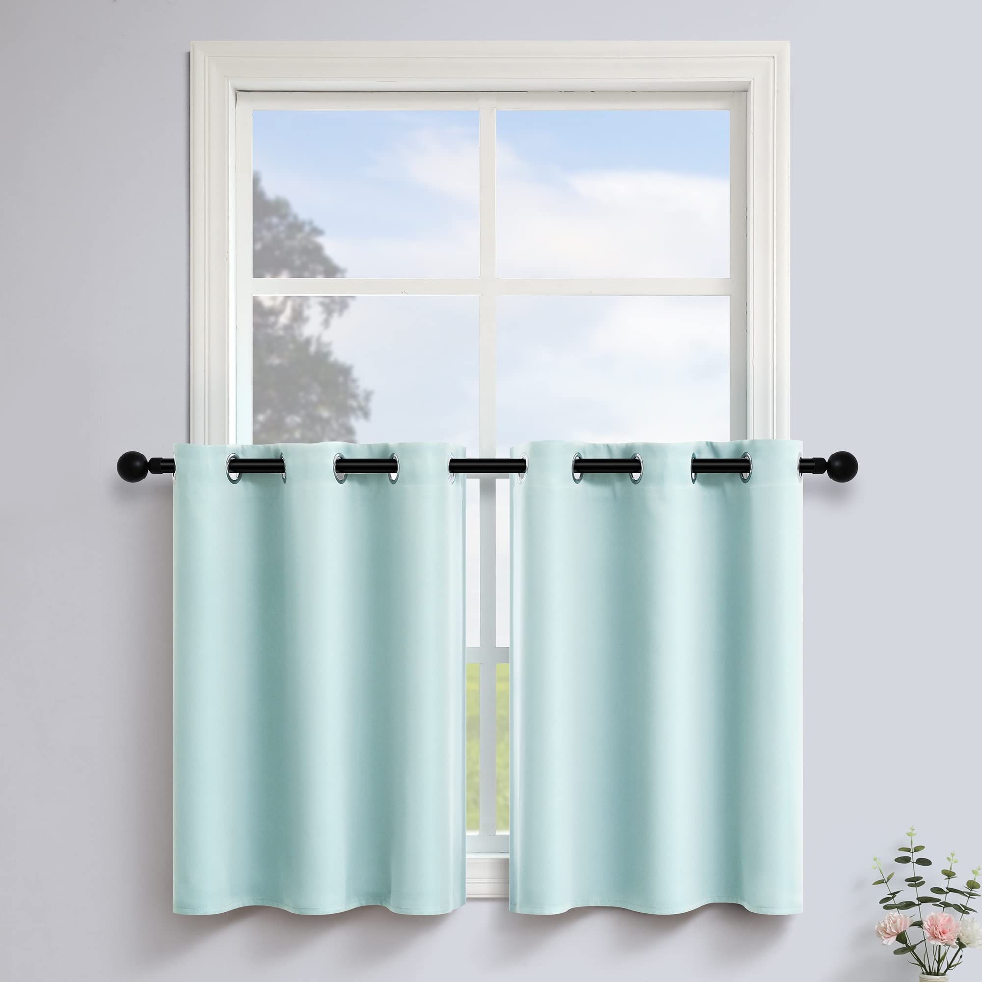 Blackout Thermal Insulated Grommet Curtains for Girls Room - 24 Inch Aqua Seafoam Green Window Valances, Half Long Drapes, Double Panels for Kitchen & Bedroom - Perfect for Room Darkening, Privacy & Energy Efficiency