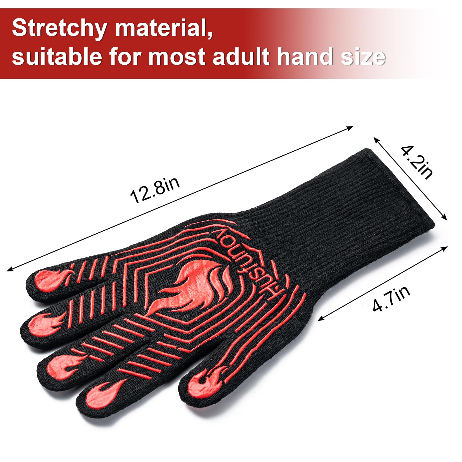Heat Resistant BBQ Gloves - Non-Slip Grilling & Oven Mitts for Outdoor Cooking, Baking, Smoking - Long Kitchen Gloves for Barbecue, Grilling, Baking, Camping & Backyard Parties (1 Pair, Red)