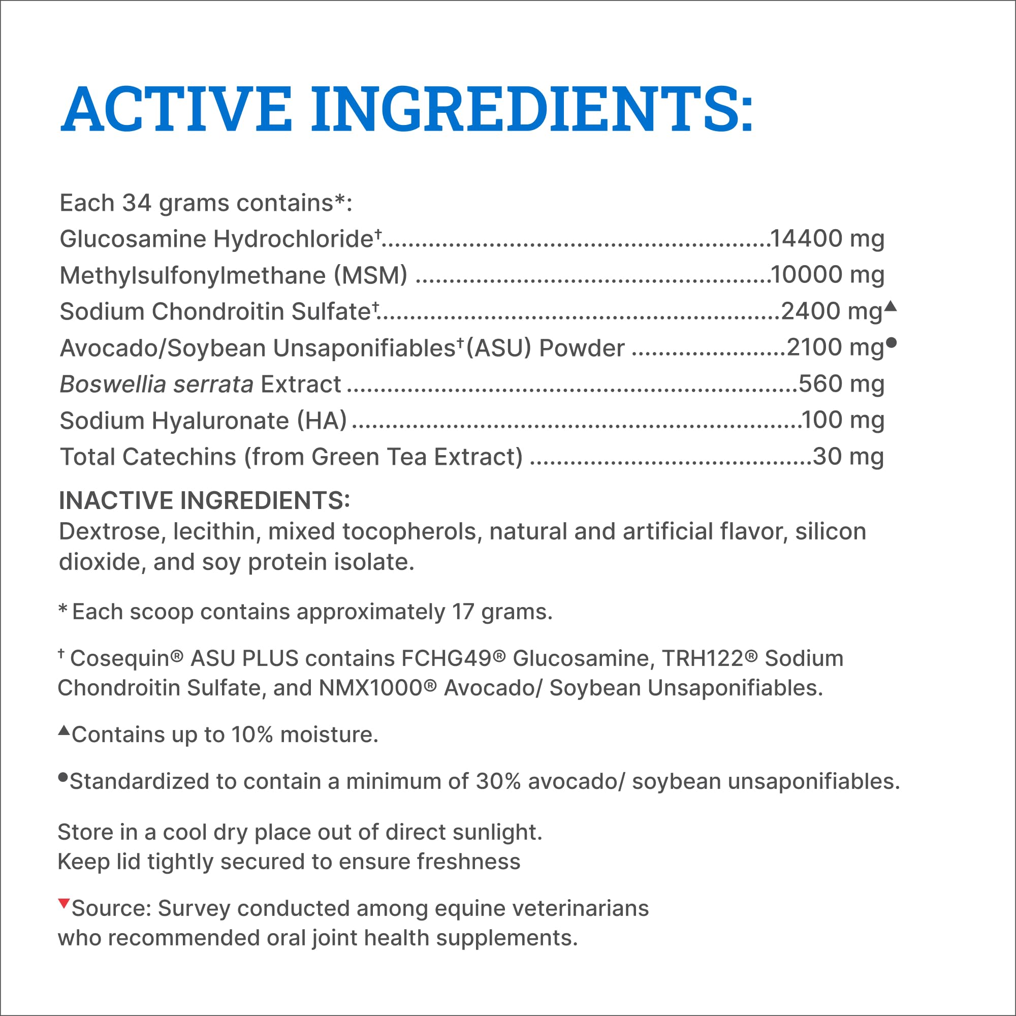 Nutramax Cosequin ASU Joint Health Supplement for Horses - Powder with Glucosamine, Chondroitin, MSM, ASU, Green Tea Extract & Hyaluronic Acid, 1050g | Supports Mobility & Comfort for Active & Senior Horses | Ideal for Training, Competition & Daily Joint Care