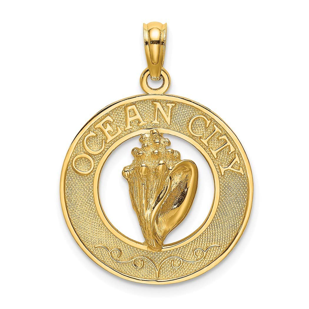 14K Gold Ocean City Round Frame Conch Shell Charm Pendant Necklace for Women - Elegant Beach Jewelry Gift for Her, Perfect for Vacations, Weddings & Special Occasions