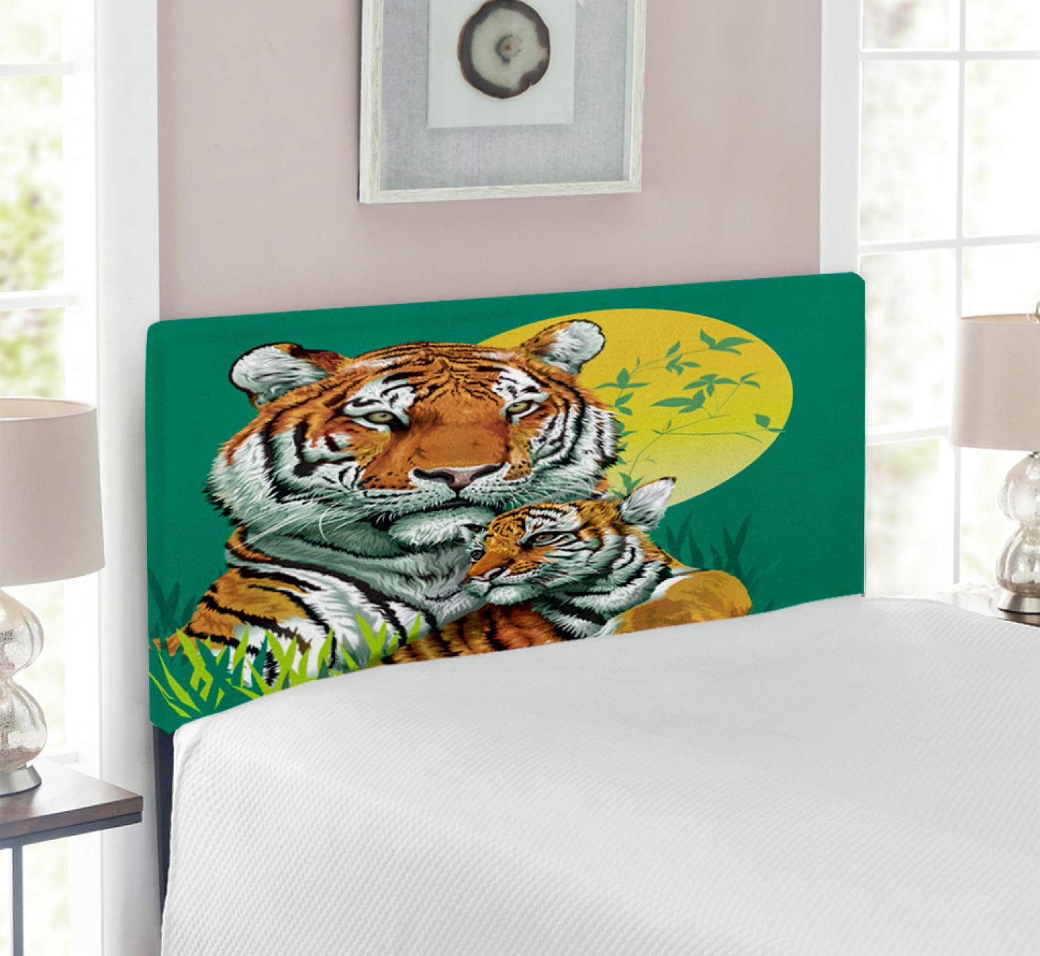 Ambesonne Savannah Tiger Jungle Headboard - Twin Size Upholstered Metal Bed Frame with Memory Foam in Jade Green | Abstract Wildlife Moonlight Night Design | Perfect for Kids' Rooms, Jungle Themed Bedrooms & Nature-Inspired Home Decor