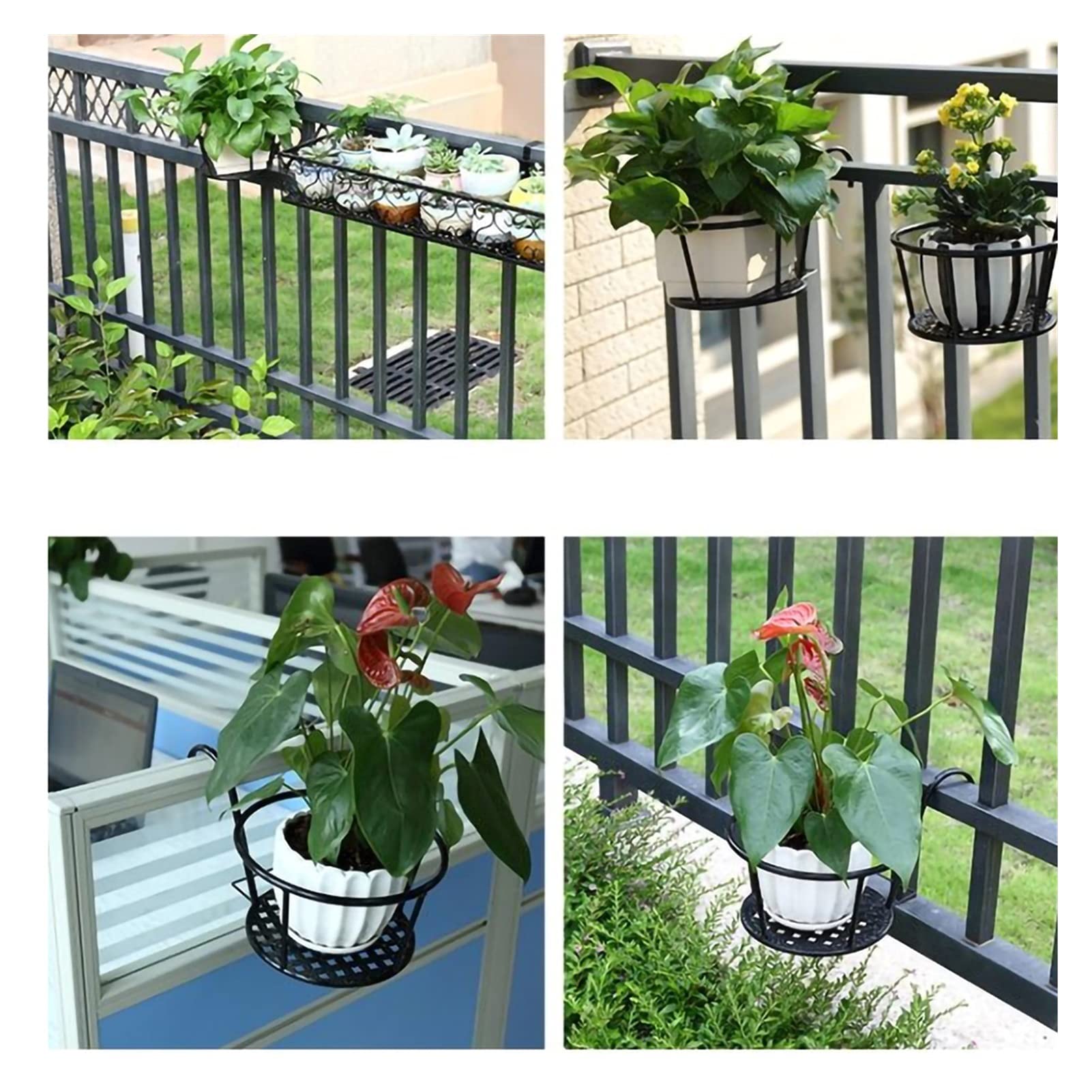 Wrought Iron Hanging Flower Pot Stand - Indoor/Outdoor Balcony Railing Planter with Wall Mount for Windows & Gardens (Brown Leaves Design) - Perfect for Small Space Gardening, Patio Decor & Vertical Planting