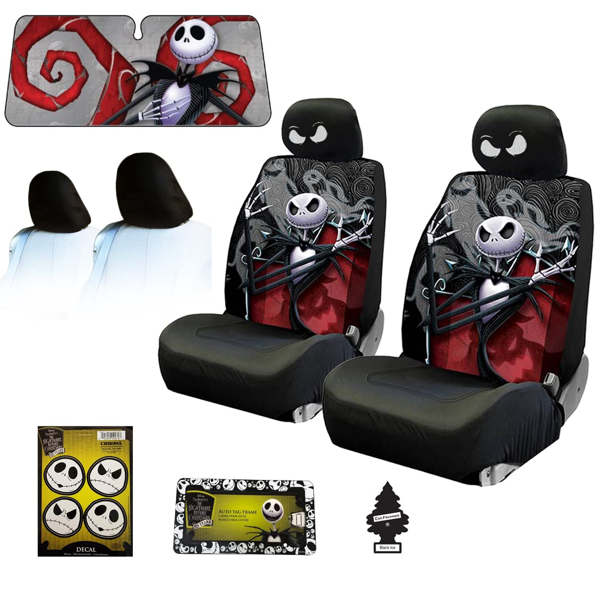 Nightmare Before Christmas Jack Skellington Car Seat Covers Set - Ghostly Themed SUV/Truck Seat Protectors with Sunshade & Headrest Covers | Perfect for Halloween Decor & Christmas Car Accessories