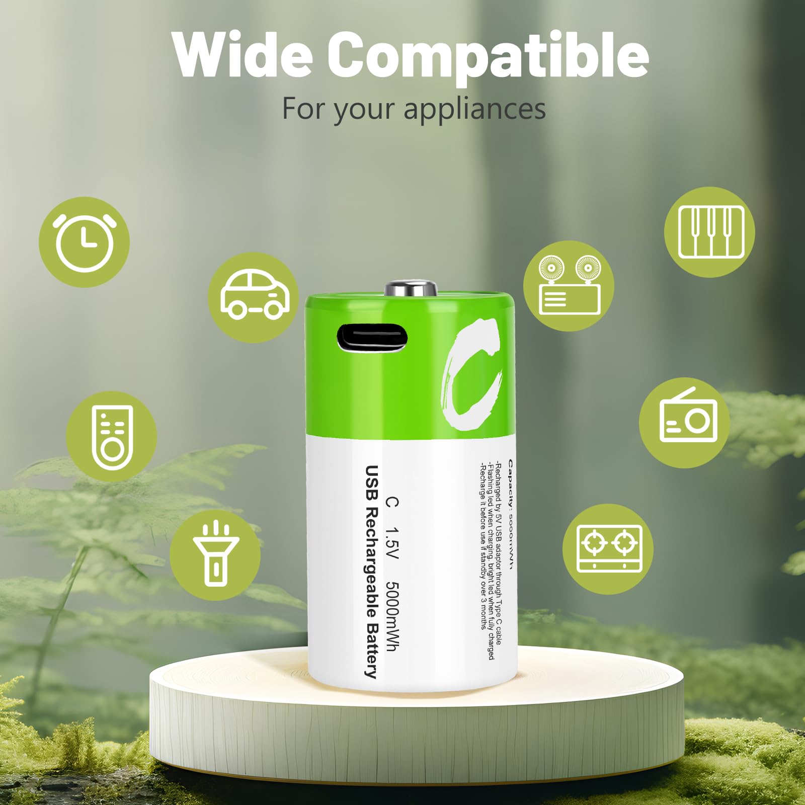 Rechargeable C Batteries 4 Pack - 5000mWh 1.5V Lithium Ion LR14 Size C Cells - Long Lasting Power for Toys, Flashlights, Remote Controls & Emergency Lights - Ideal for Home, Outdoor & Emergency Use