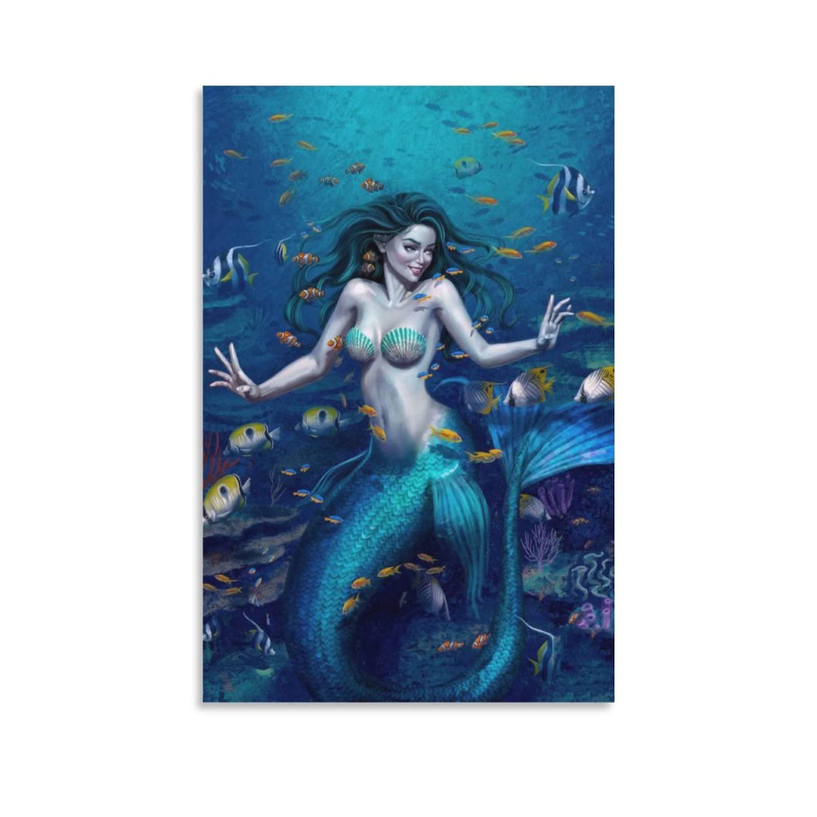 Ruowang Underwater World Mermaid Tropical Fish Coral Fantasy Poster - Waterproof Canvas Wall Art for Bedroom, Living Room, Bathroom Decor - 08x12inch (20x30cm) - Perfect for Beach House, Kids Room & Ocean Theme Decorations