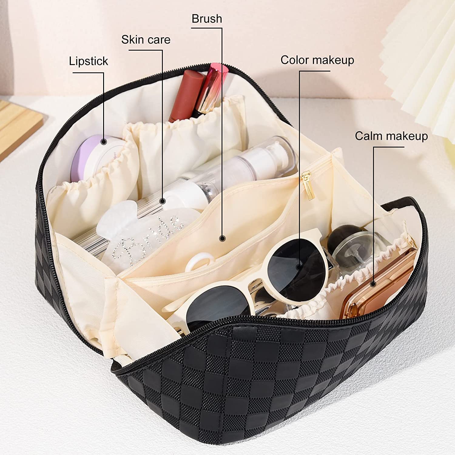 Large Capacity Checkered Leather Makeup Bag for Women - Travel Cosmetic Organizer, Portable Toiletry Bag with Flat Lay Design (Black Checkered Pattern) | Perfect for Air Travel, Gym, Weekend Getaways & Everyday Essentials Storage