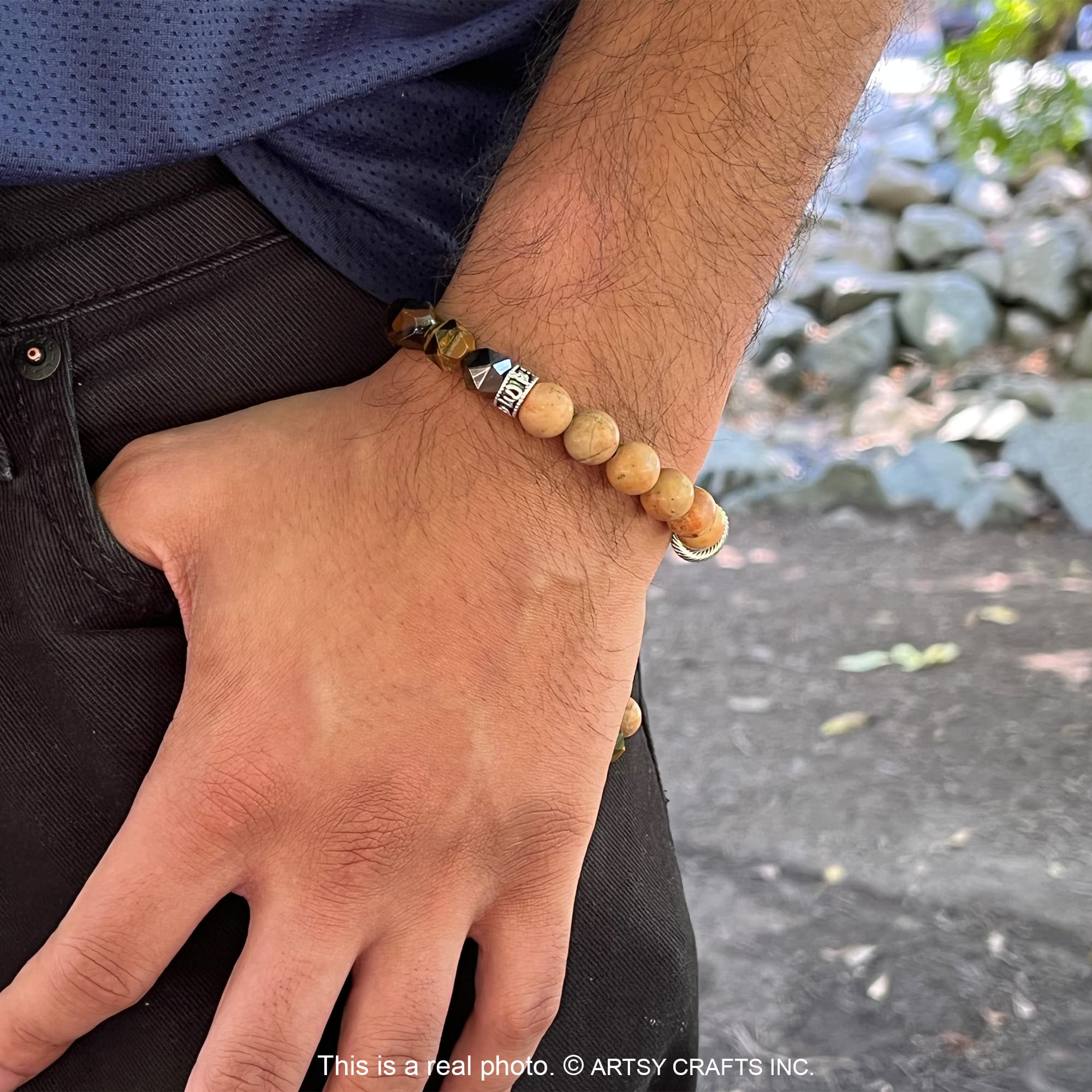 Natural Gemstone Beads Bracelets for Men - Brown Tiger Eye Adjustable 7-9 Inch, Semi-Precious Stone Chakra Healing Grounding Bracelet for Meditation, Anxiety Relief & Spiritual Wellness - Perfect for Yoga, Mindfulness Practice and Daily Wear