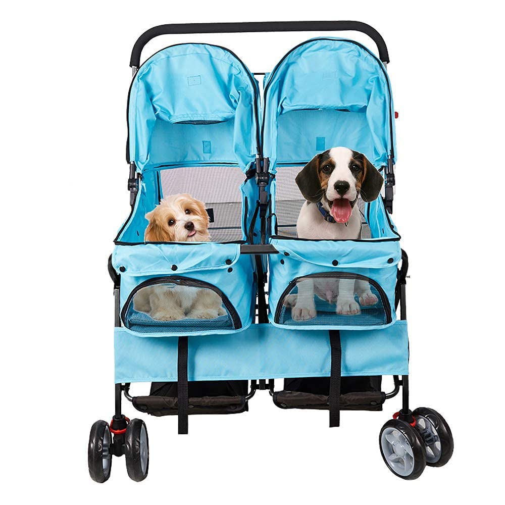 Foldable Double Pet Stroller - 2-Seater Dog & Cat Carrier with Wheels - Lightweight Travel Strolling Cart for Small Animals (Blue) - Perfect for Park Walks, Vet Visits, and Shopping Trips
