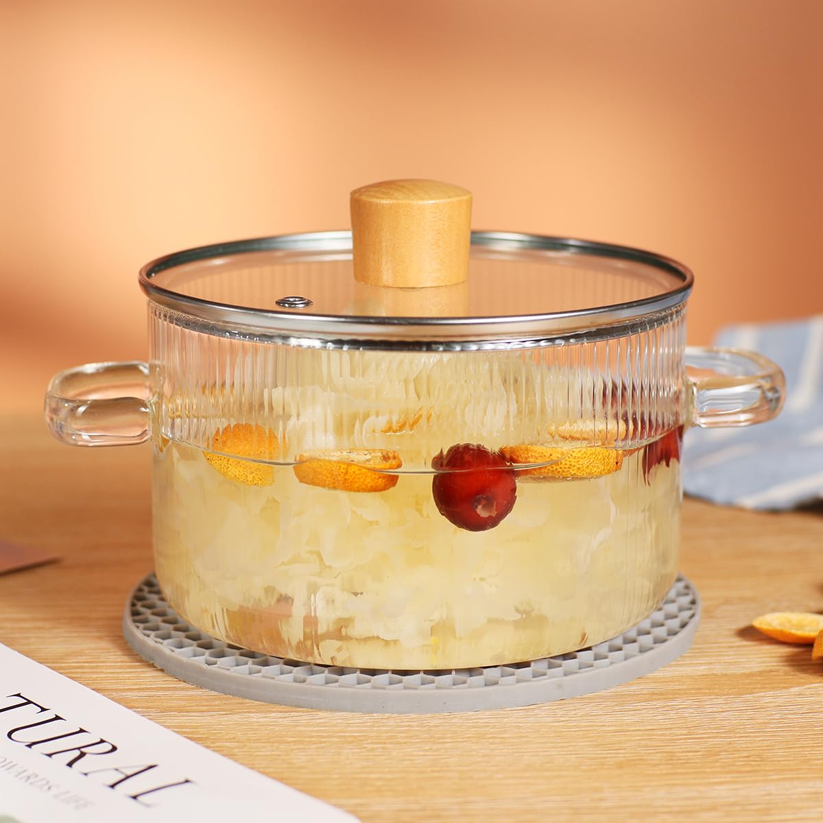 1.5L (50oz) Borosilicate Glass Cooking Pot with Lid - Heat Resistant Saucepan for Pasta, Soup, Milk & Baby Food | Includes Brush & Anti-Scalding Mat | Perfect for Stovetop, Microwave & Serving