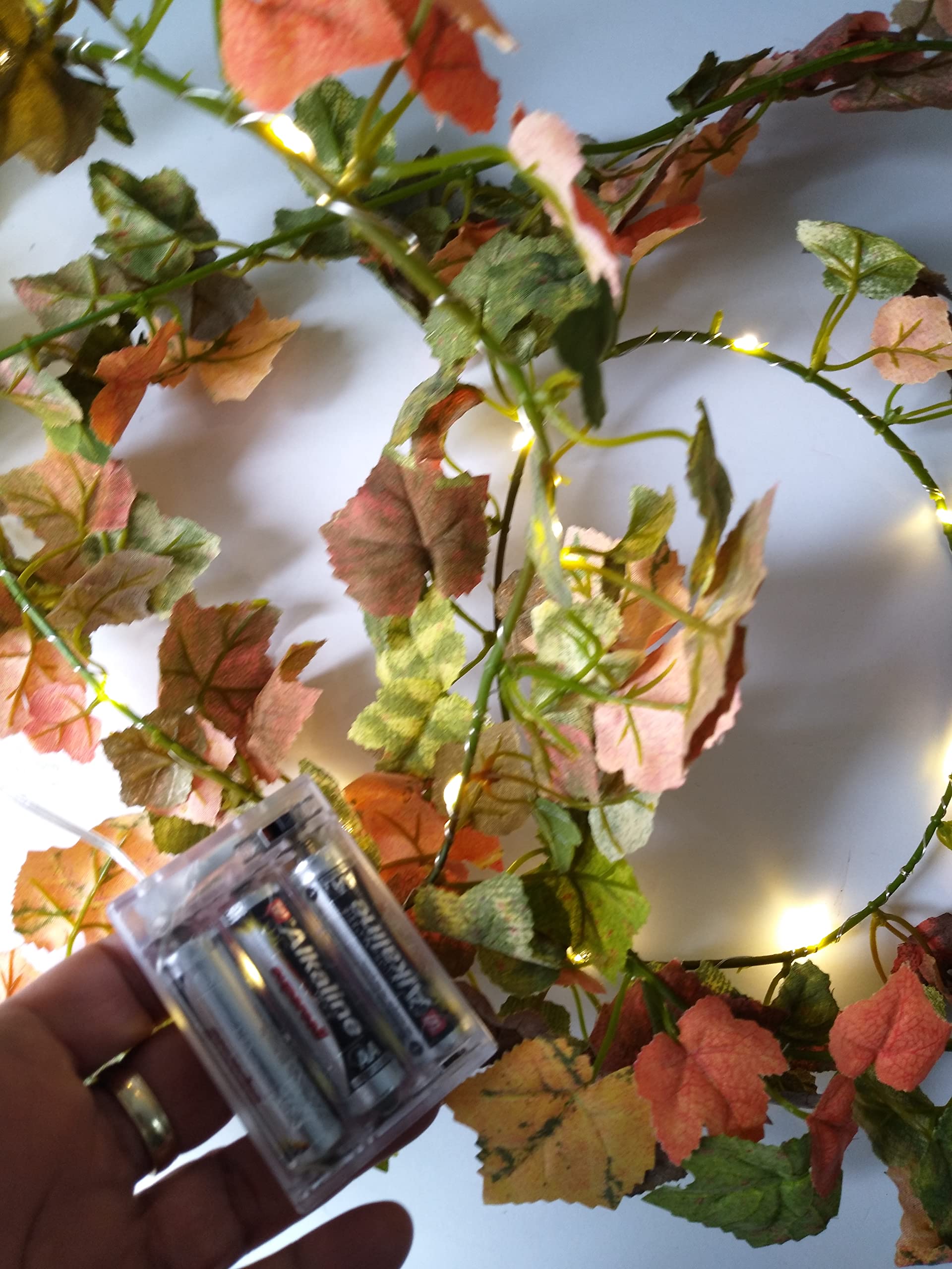 LED Grape Leaf Garland with Warm White Lights - Decorative Mantel or Table Garland for Fall, Thanksgiving, and Christmas Home Decor