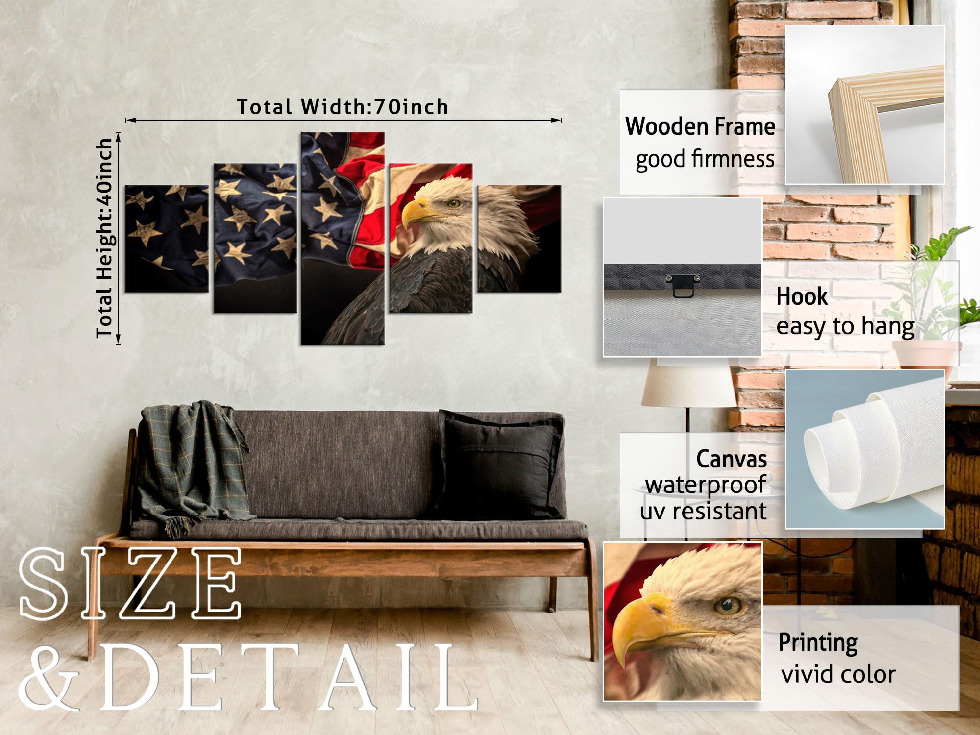 YOUHONG 5-Panel Rustic American Flag Wall Art with Bald Eagle - Patriotic Military Decor for Living Room, Bedroom & Office - Ready to Hang 70''W x 40''H - Perfect for Home, Bar, Man Cave & Veterans Gifts