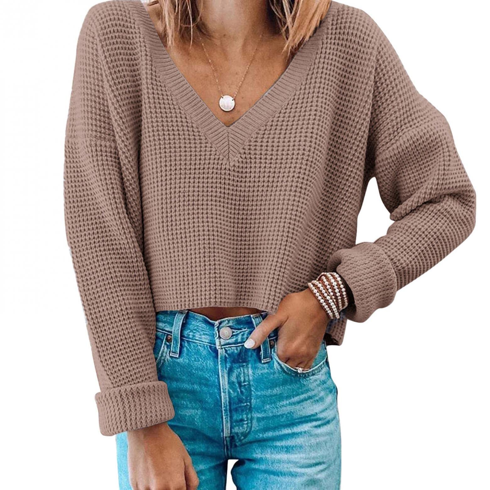 Women's V-Neck Knit Sweater - Long Sleeve Casual Pullover for Everyday Wear