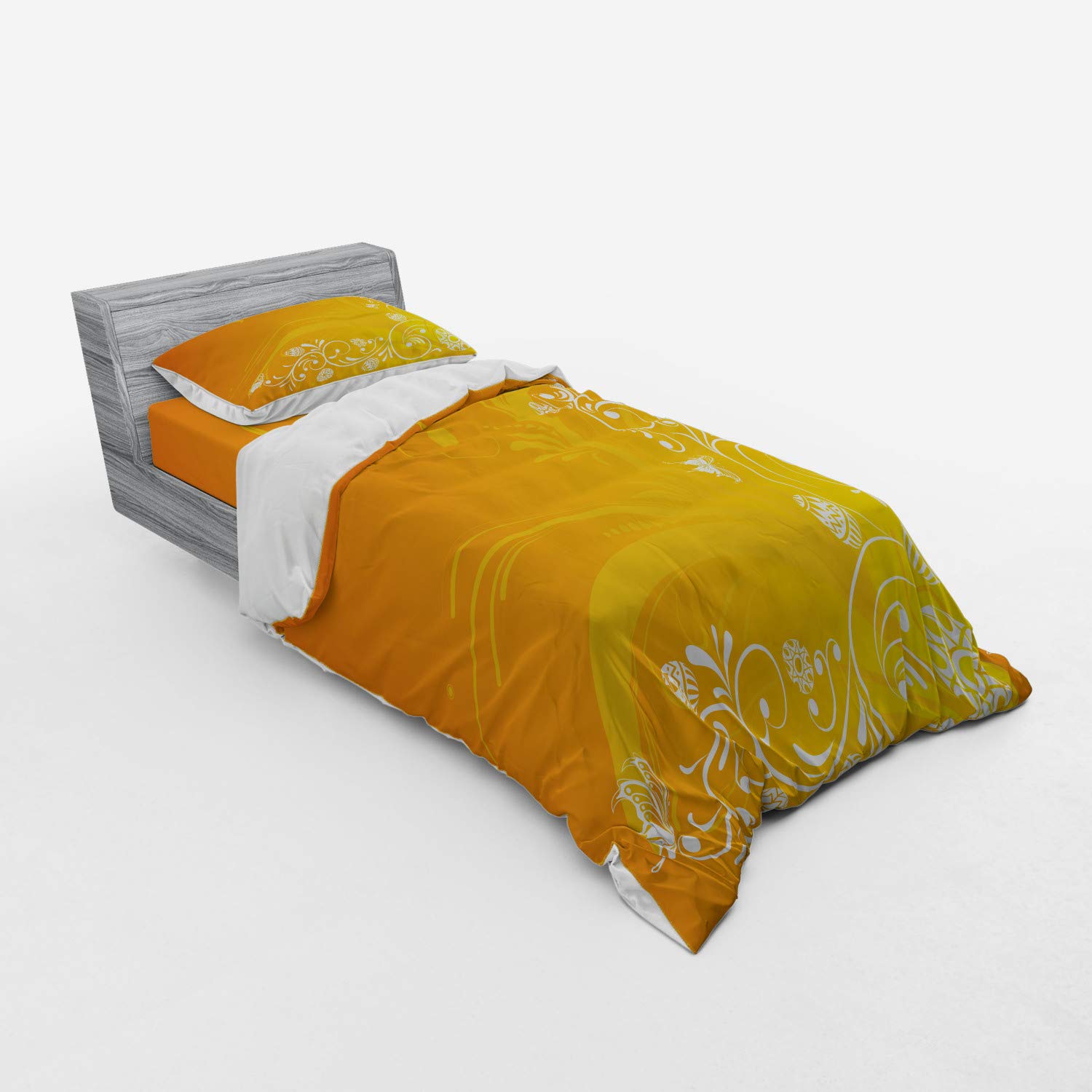 Ambesonne Orange Bedding Set - Easter Themed Abstract Floral Duvet Cover with Butterfly & Egg Design, 3-Piece Twin Size Set (Duvet Cover + Sham + Fitted Sheet) in Orange Yellow White - Perfect for Spring Decor, Easter Celebrations & Cozy Bedroom Makeovers
