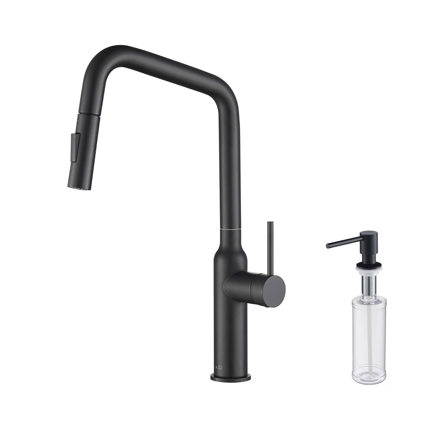 KIBI Macon Single Handle Pull Down Kitchen Faucet with Soap Dispenser - High Arc Solid Brass Spout, 360° Swivel & Matte Black Finish (KKF2007) | Perfect for Modern Farmhouse, RV & Small Kitchen Sinks