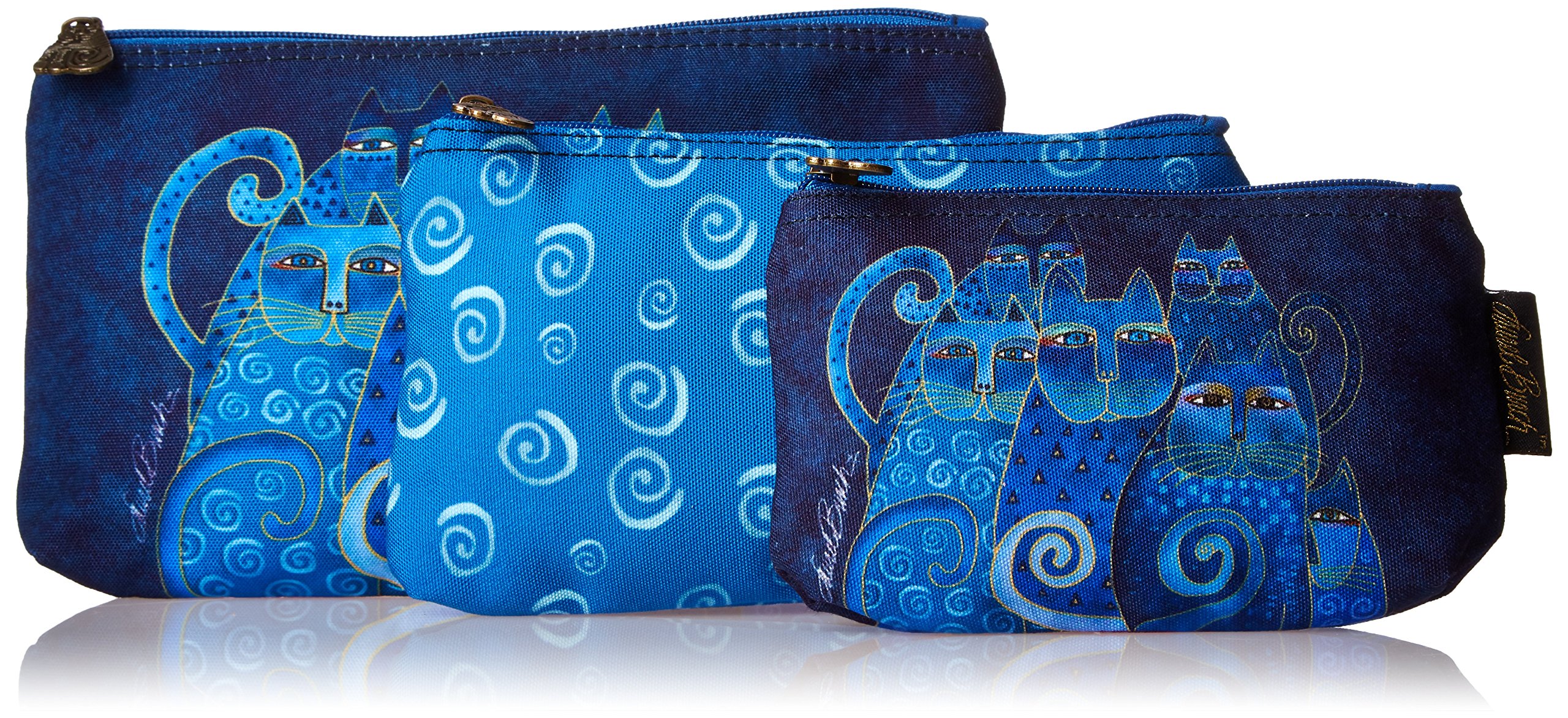 Laurel Burch Indigo Cats Cosmetic Makeup Bags Set of 3 - Waterproof Travel Toiletry Pouches for Women, Perfect for Makeup Brushes, Jewelry & Travel Essentials