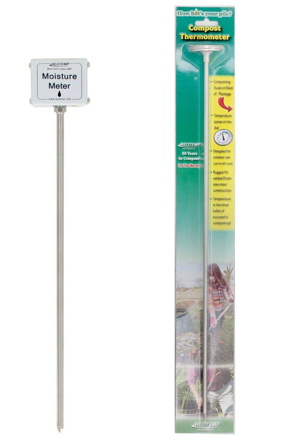 REOTEMP Garden and Compost Moisture Meter MM15 with Backyard Compost Thermometer FG20P - 2-in-1 Soil Testing Kit for Organic Gardening, Composting & Plant Care - Perfect for Home Gardens, Farms and Outdoor Planting