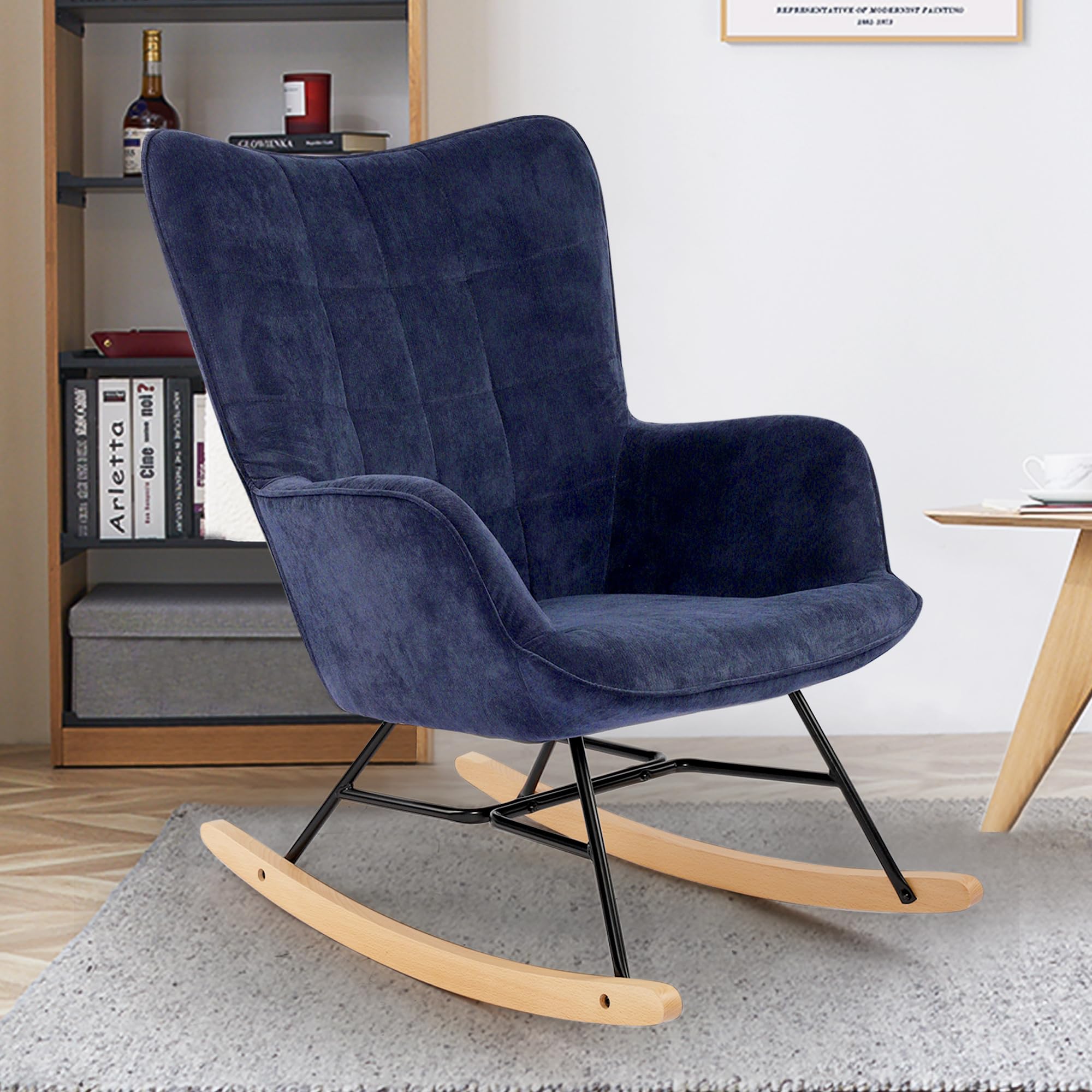 LSSPAID Upholstered Nursery Glider Rocking Chair with High Backrest - Comfortable Armchair for Living Room, Bedroom & Nursery - Navy Blue - Perfect for Nursing, Reading & Relaxing
