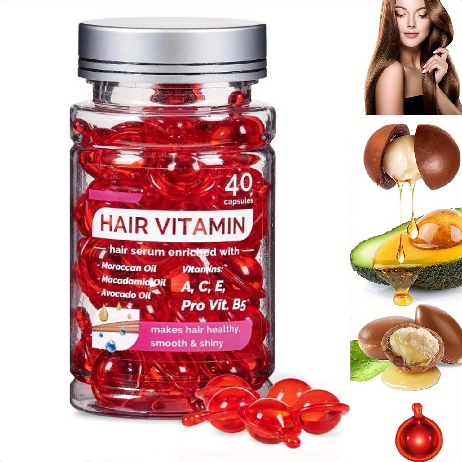 Hair Growth Vitamin Serum Capsules - No Rinse Hair Treatment with Vitamins A, C, E & Pro B5 - Repair Frizzy Damaged Hair - Deep Moisturizing Conditioner for Women & Men (40 Count) - Perfect for Daily Hair Care & Salon-Quality Results at Home