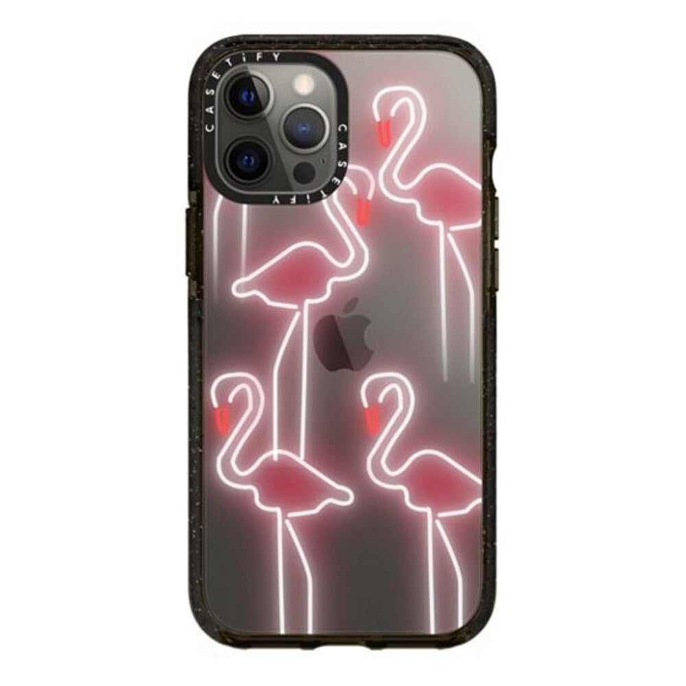 CASETiFY Impact Case for iPhone 12 Pro Max - Shockproof Clear Black Phone Cover with Neon Flamingo Design | Perfect for Outdoor, Travel & Everyday Protection