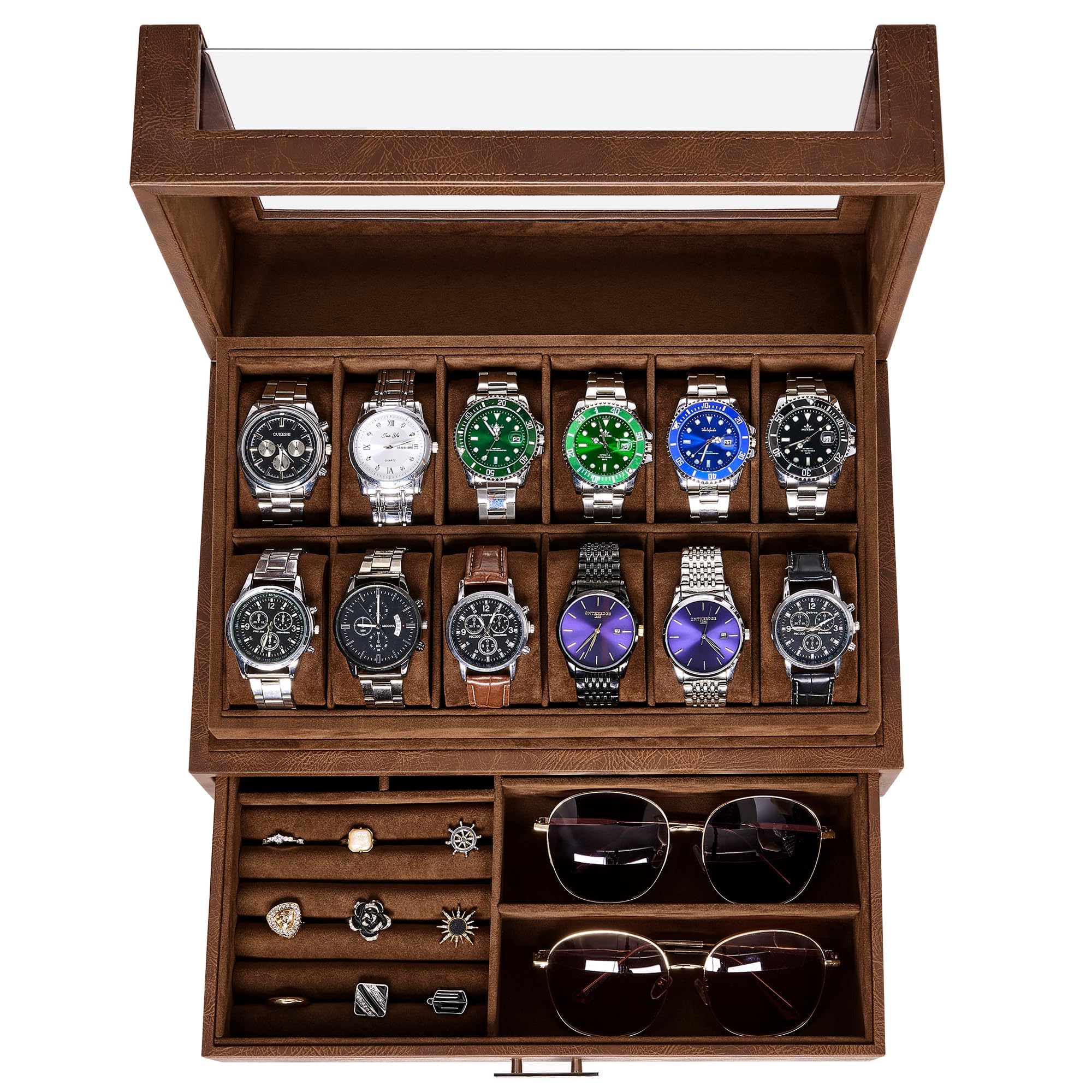 BEWISHOME 12 Slot Luxury Watch Box Organizer with Clear Acrylic Lid - Wooden Watch Display Case for Men, Jewelry & Sunglasses Storage (Brown SSH22Z) - Perfect for Watch Collectors, Gift Giving & Home Décor