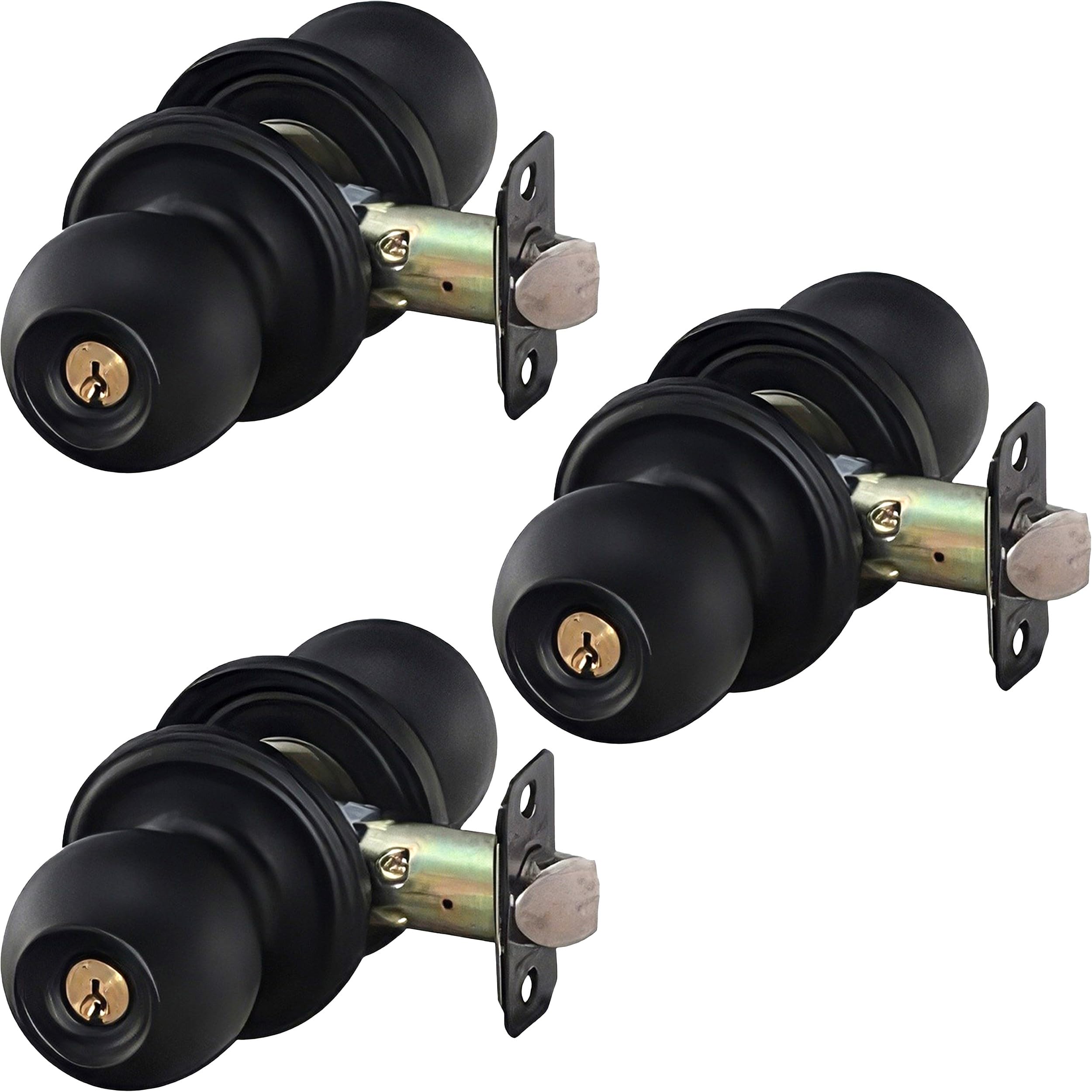 Matte Black Door Knobs with Key - 3 Pack for Bedroom & Bathroom Security
